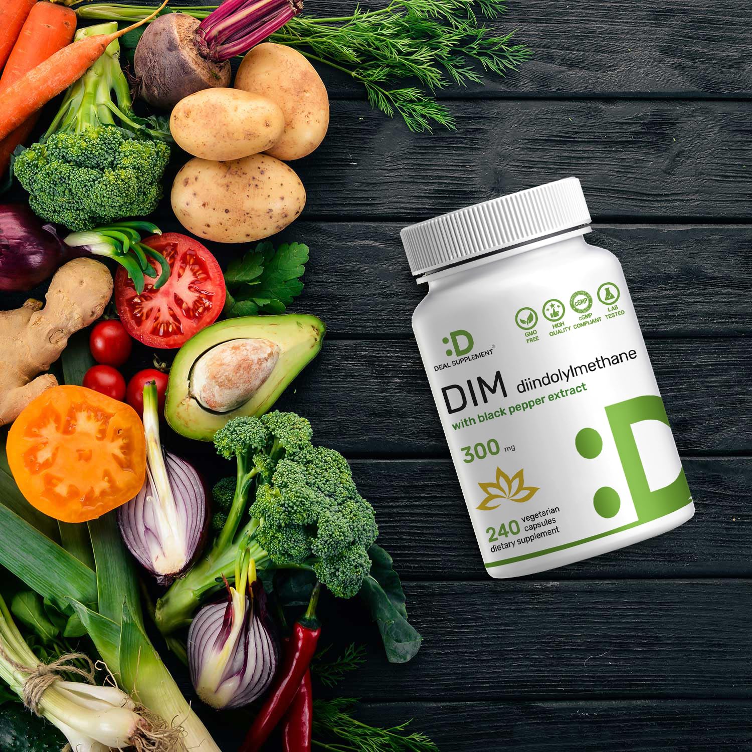 DEAL SUPPLEMENT DIM Capsules on a wooden table