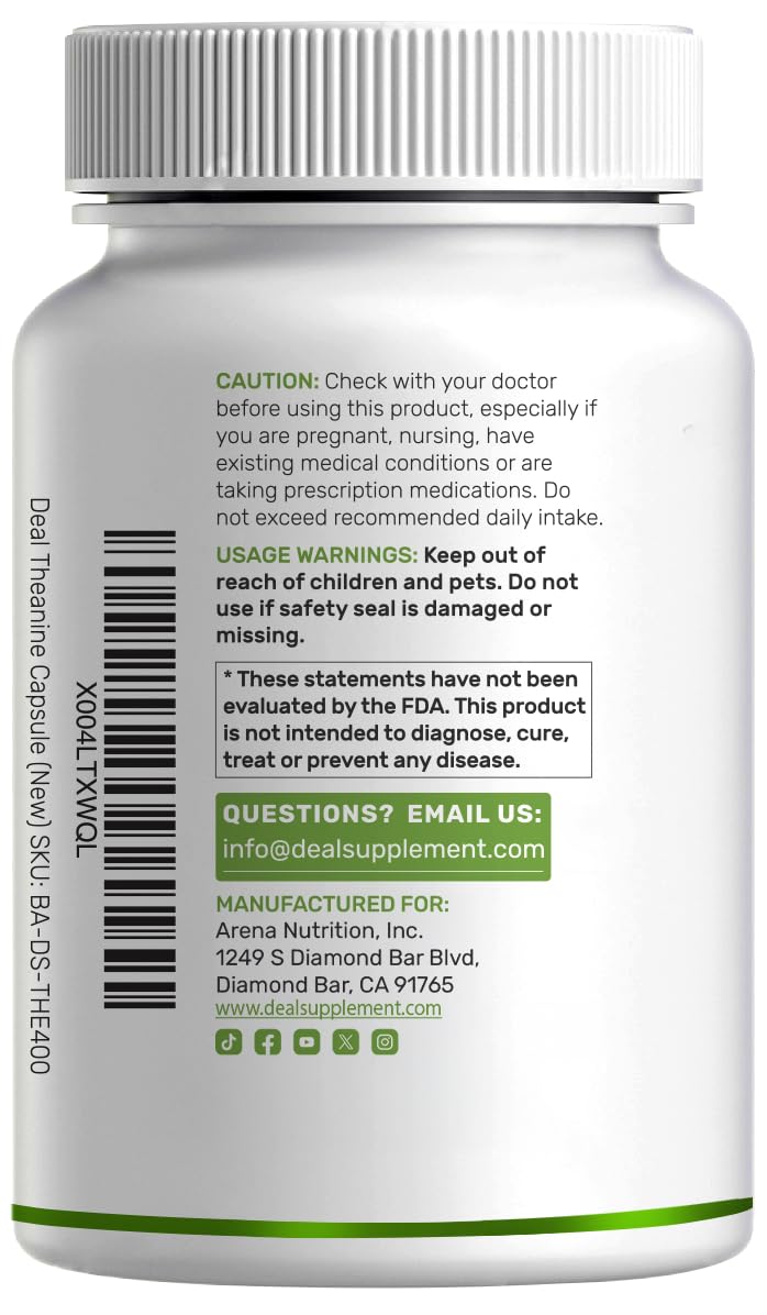 DEAL SUPPLEMENT L-Theanine Extra Strength 400mg capsules with measuring spoon