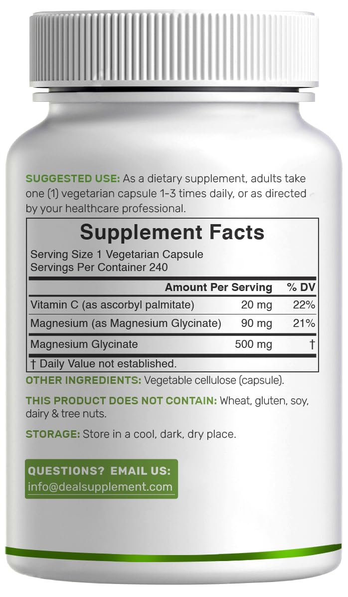 DEAL SUPPLEMENT Magnesium Glycinate 500mg bottle with dosage information