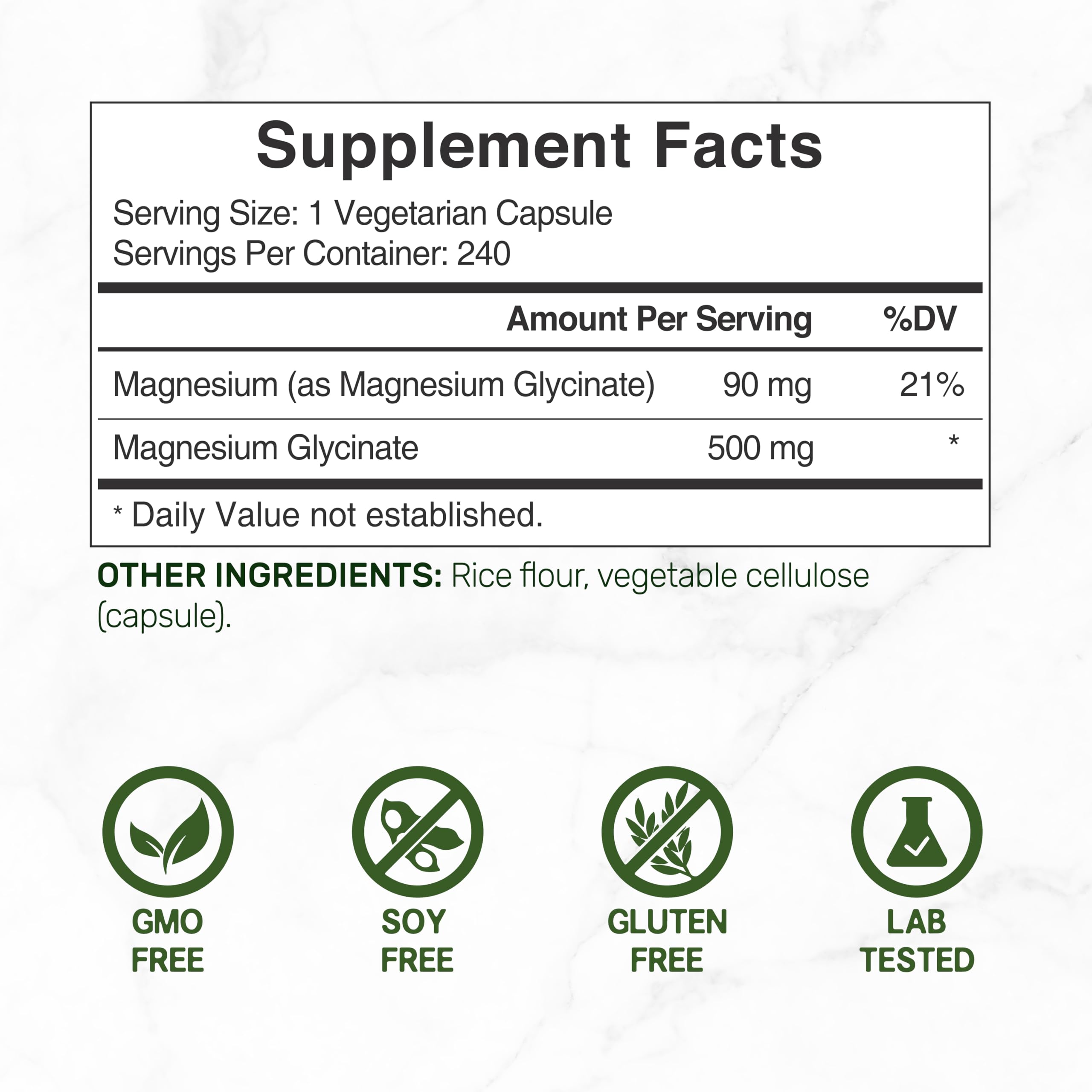 DEAL SUPPLEMENT Magnesium Glycinate 500mg vegetarian capsules side view