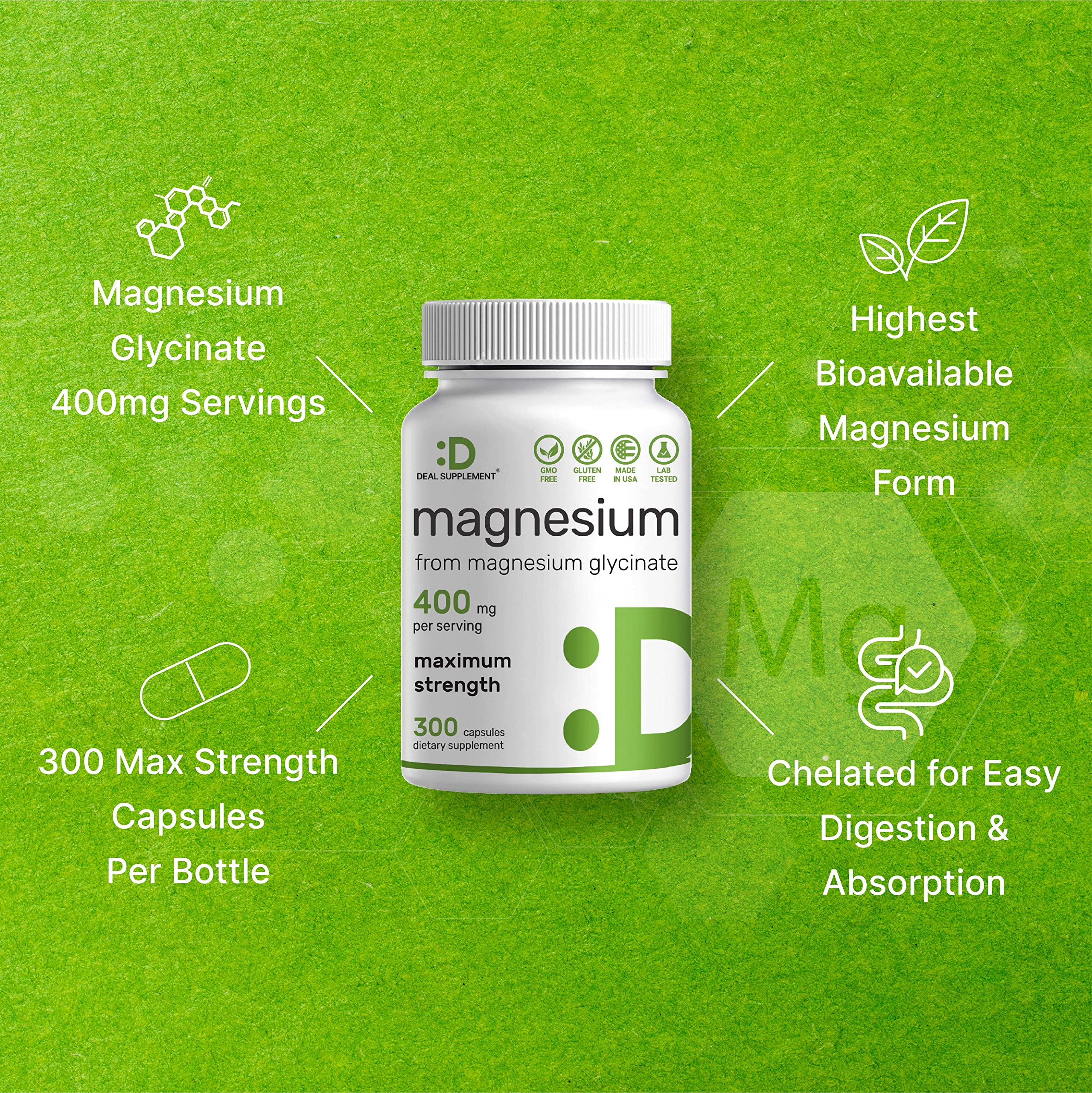 DEAL SUPPLEMENT Magnesium Glycinate Capsules 400mg bottle with dosage information