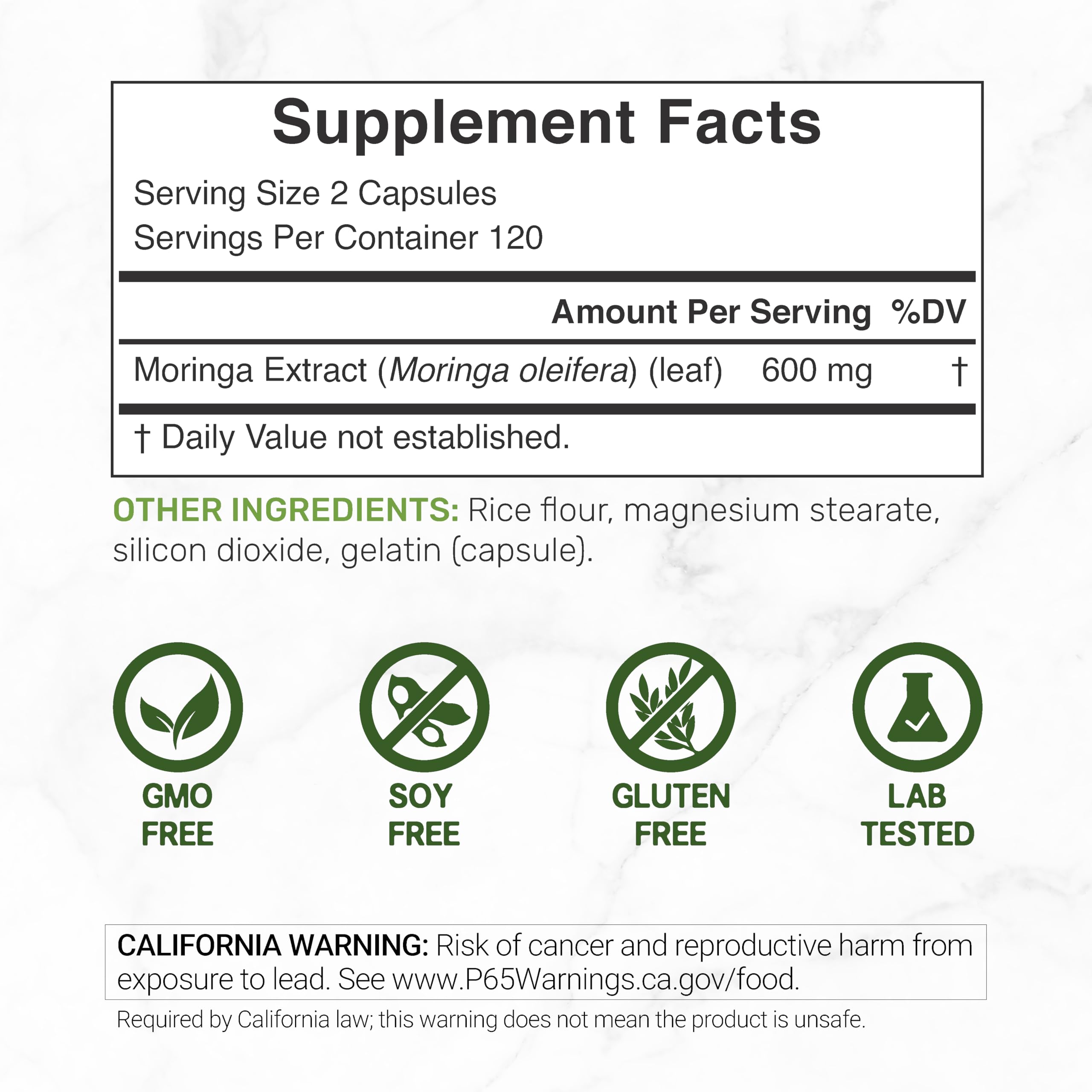 DEAL SUPPLEMENT Moringa Capsules 240 Capsules side view