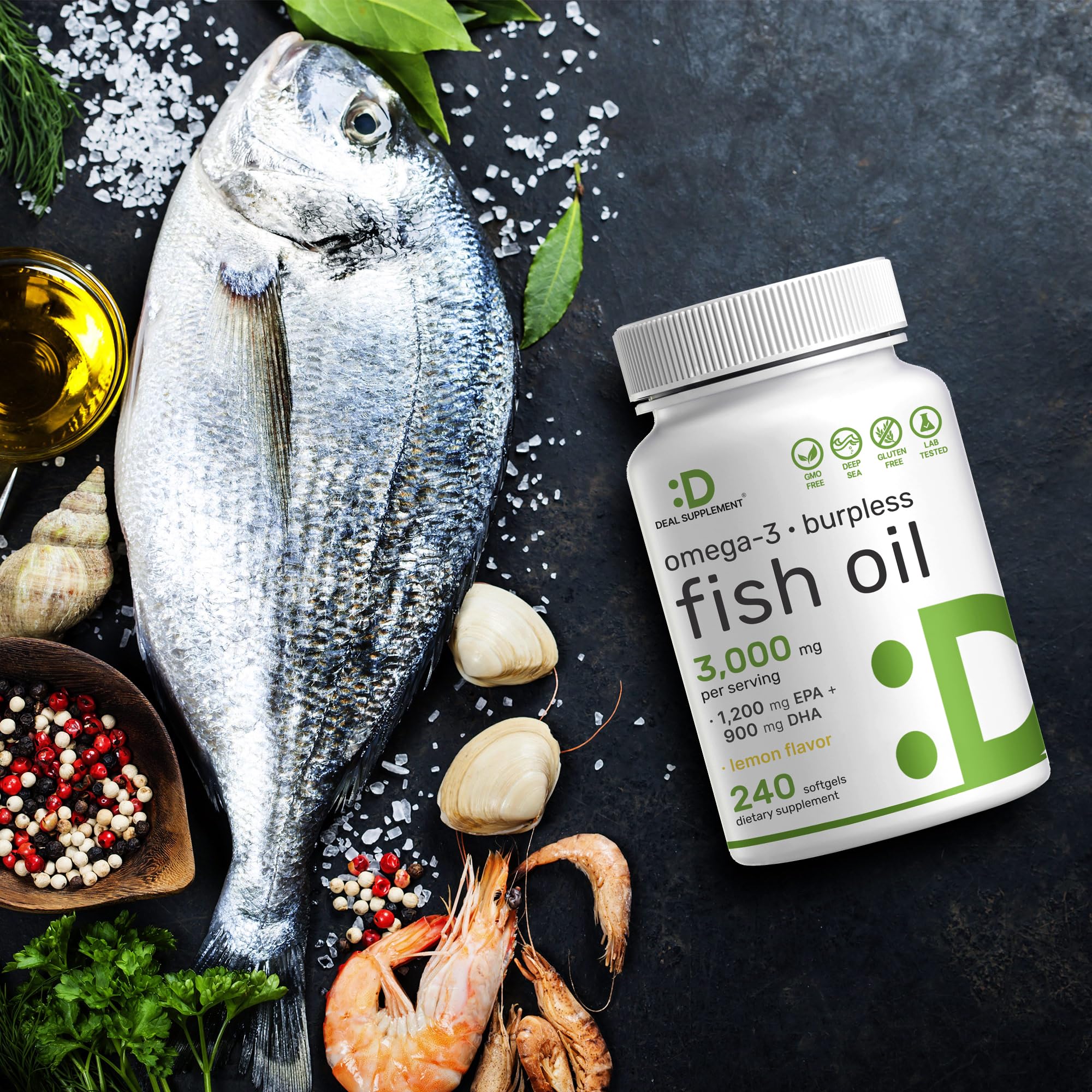DEAL SUPPLEMENT Omega 3 Fish Oil Softgels displayed in a lifestyle setting