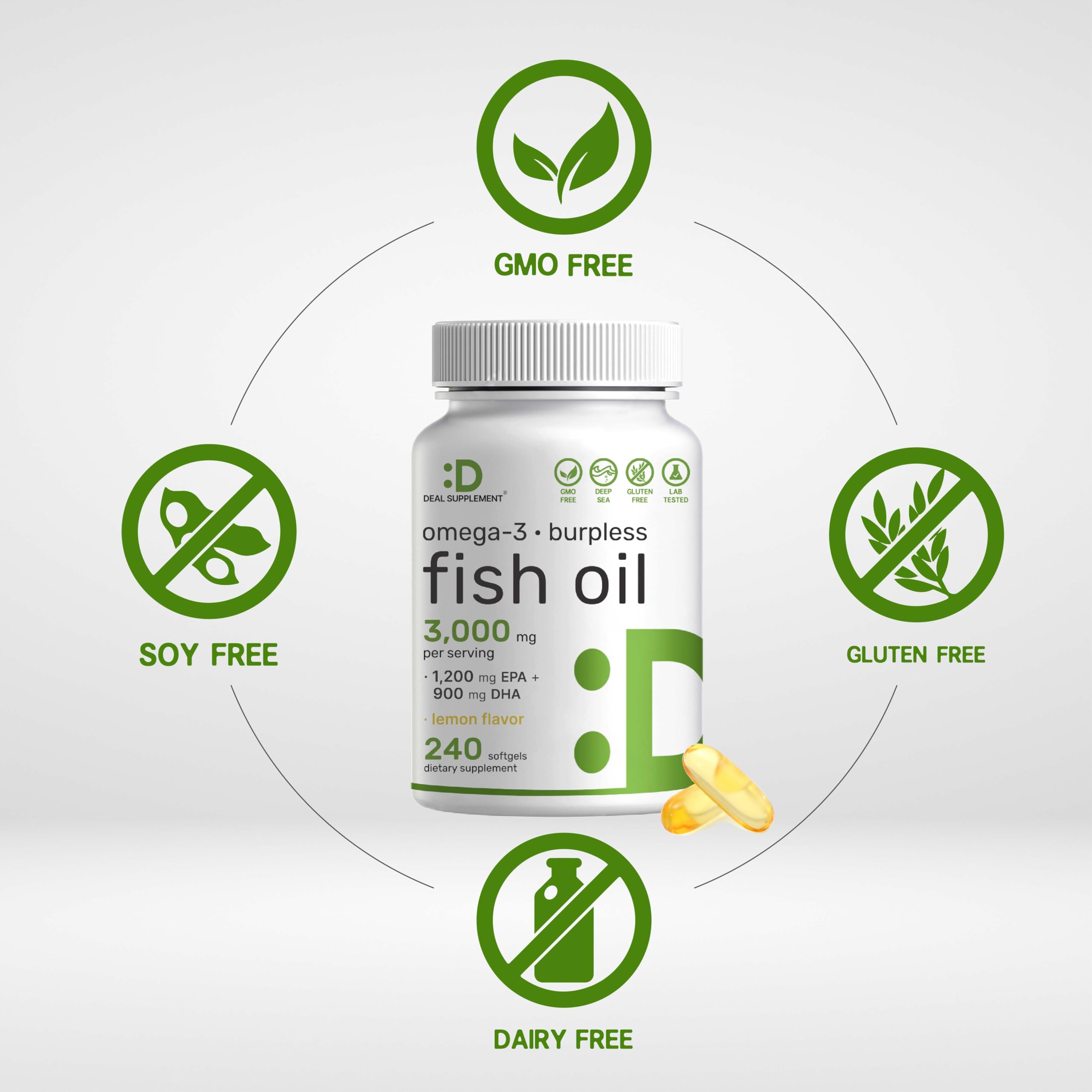 DEAL SUPPLEMENT Omega 3 Fish Oil Softgels showing softgel size