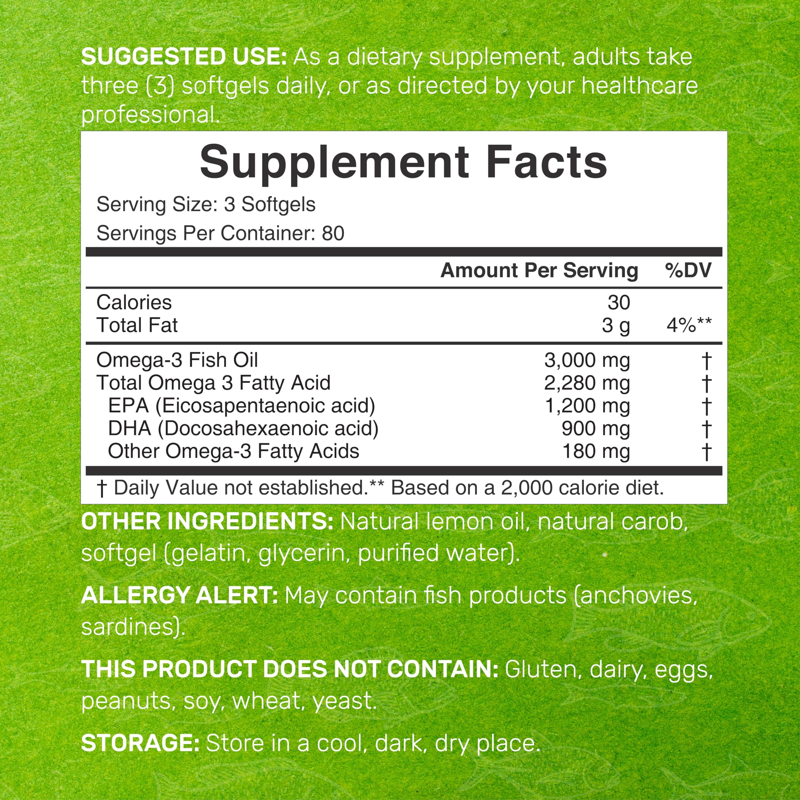 DEAL SUPPLEMENT Omega 3 Fish Oil Softgels side view with dosage details