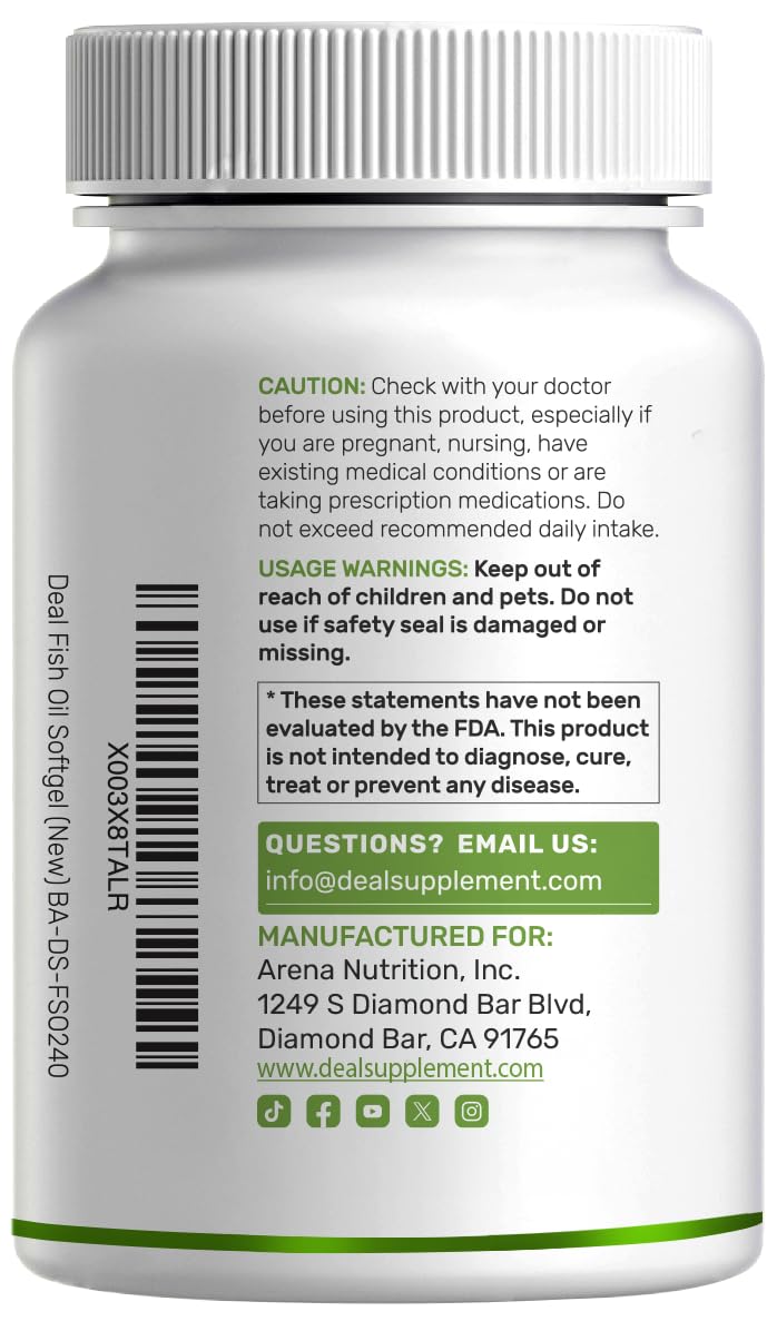 DEAL SUPPLEMENT Omega 3 Fish Oil Softgels with nutritional information