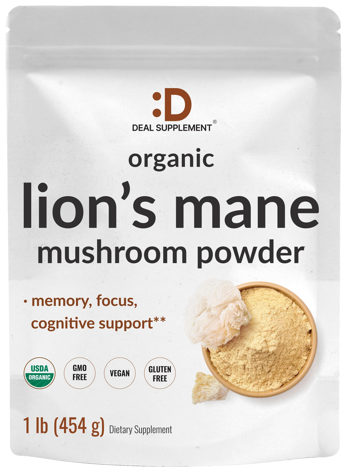 DEAL SUPPLEMENT Organic Lion’s Mane Powder front view packaging