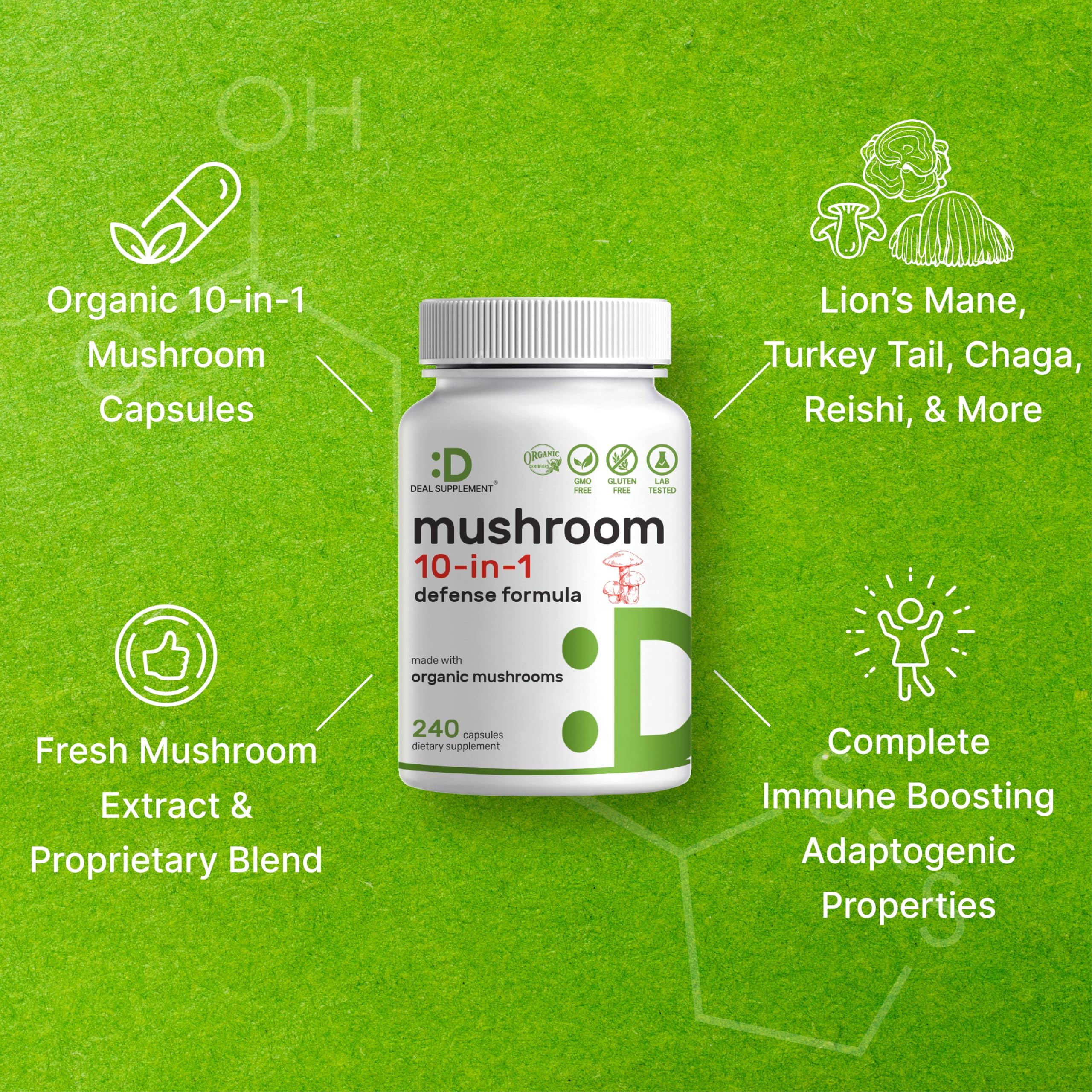 DEAL SUPPLEMENT Organic Mushroom 10-in-1 Blend capsules in a bowl