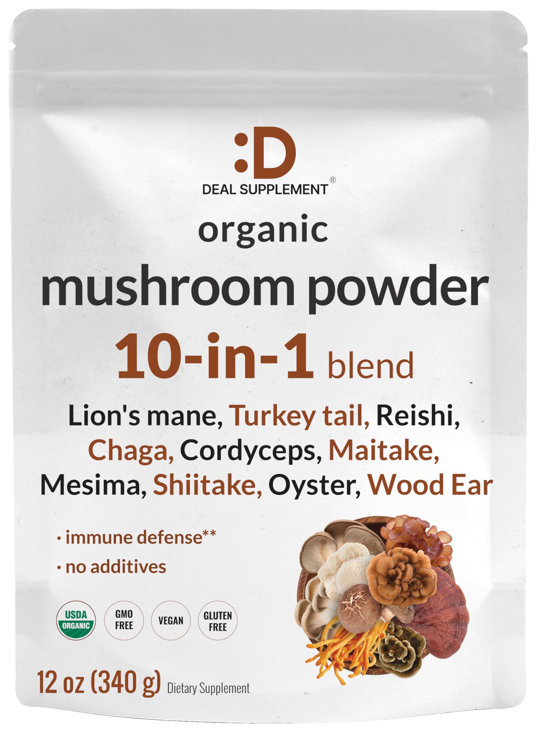 DEAL SUPPLEMENT Organic Mushroom Powder 10-in-1 Blend packaging front view