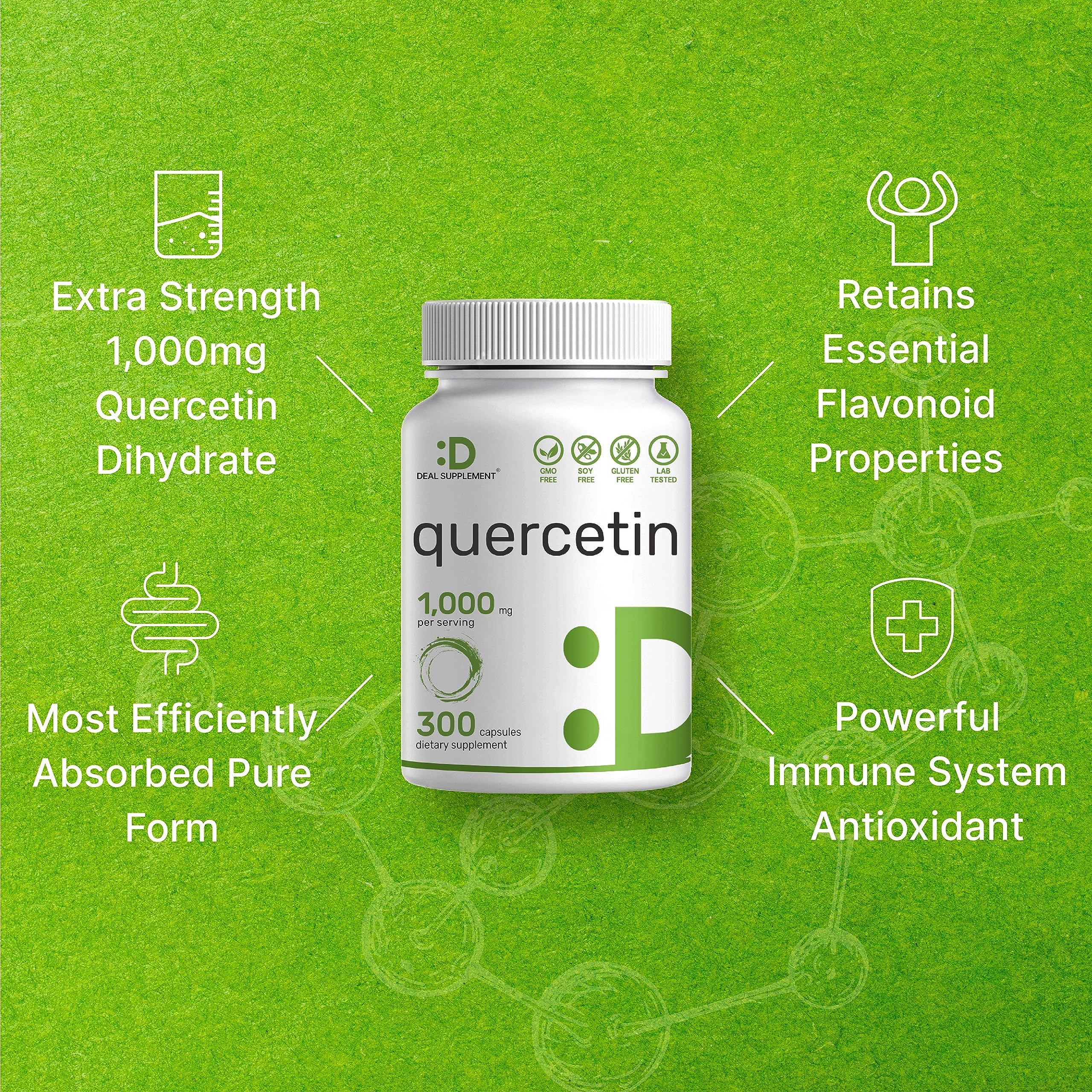 DEAL SUPPLEMENT Quercetin Dihydrate Capsules 1000mg bottle with dosage information