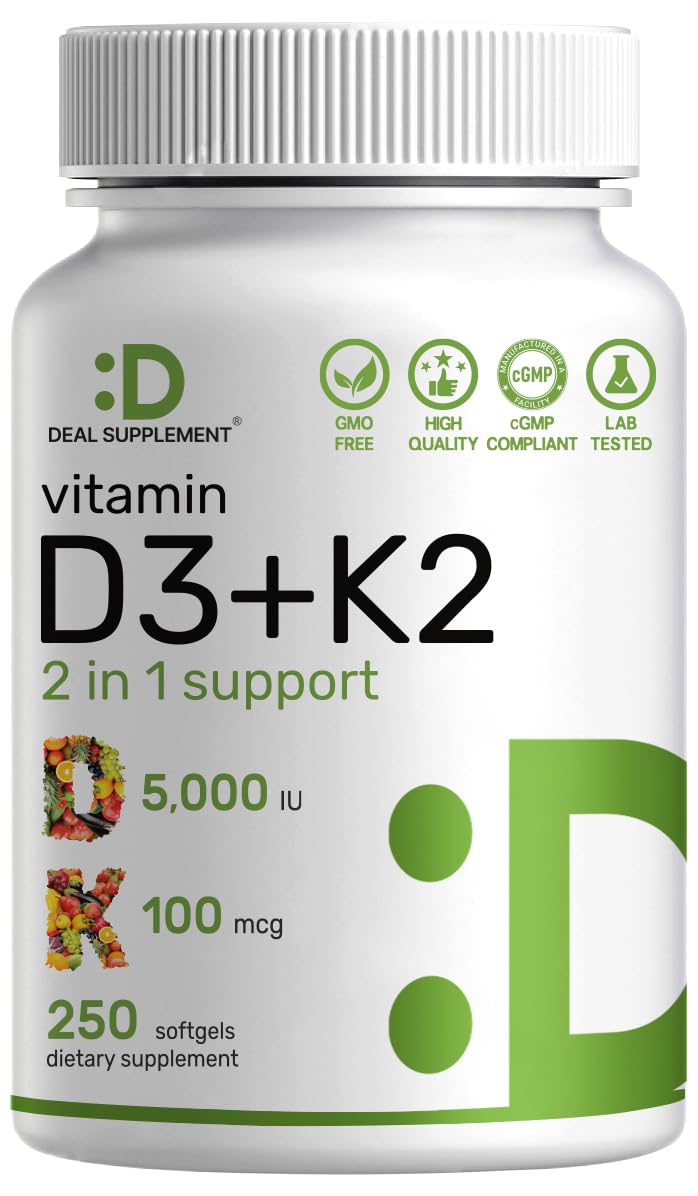DEAL SUPPLEMENT Vitamin D3 K2 5000iu 100mcg softgel front view