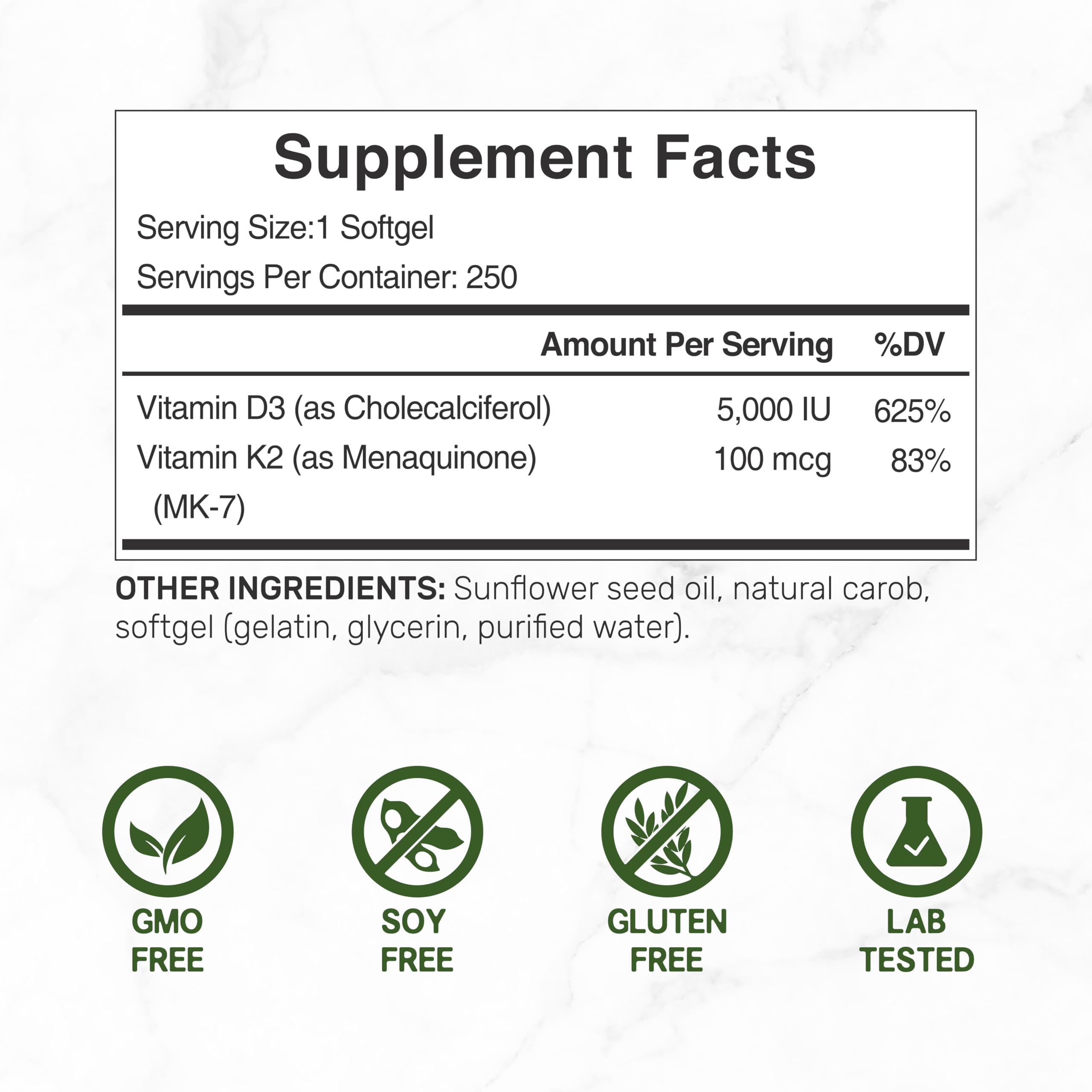 DEAL SUPPLEMENT Vitamin D3 K2 5000iu 100mcg softgel side view