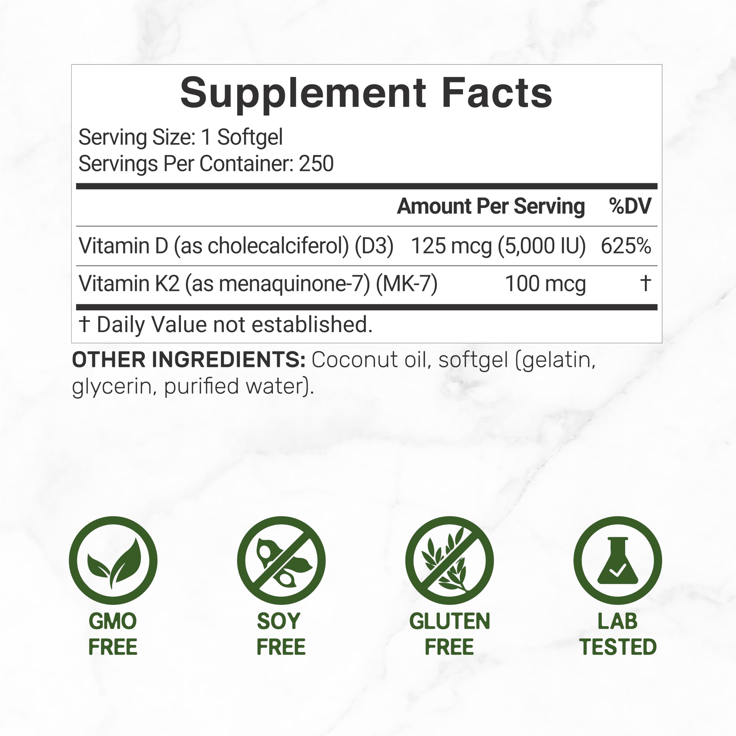 DEAL SUPPLEMENT Vitamin D3 & K2 Softgels side view showing serving size