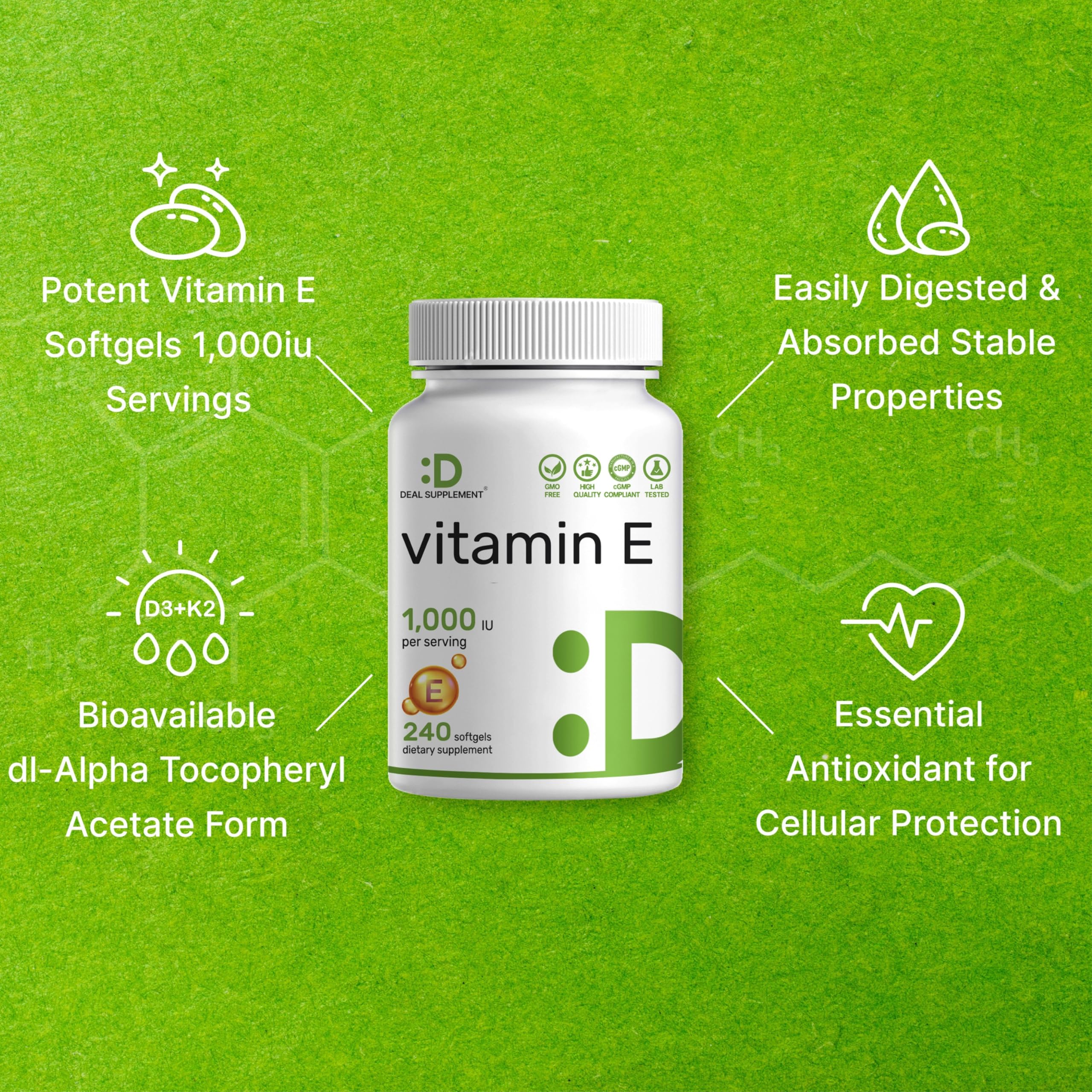 DEAL SUPPLEMENT Vitamin E Softgels 240 count bottle with softgels on table