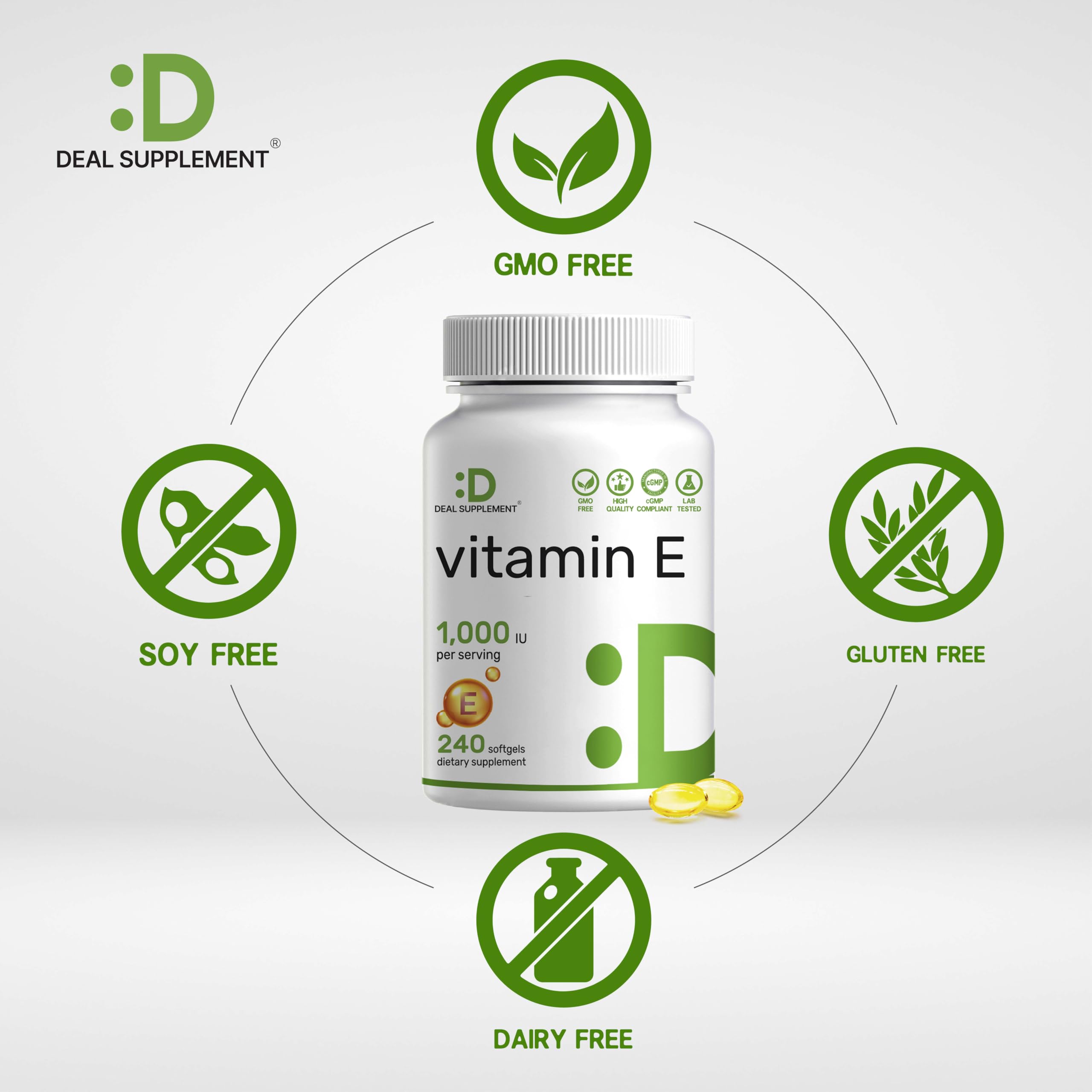 DEAL SUPPLEMENT Vitamin E Softgels bottle side view