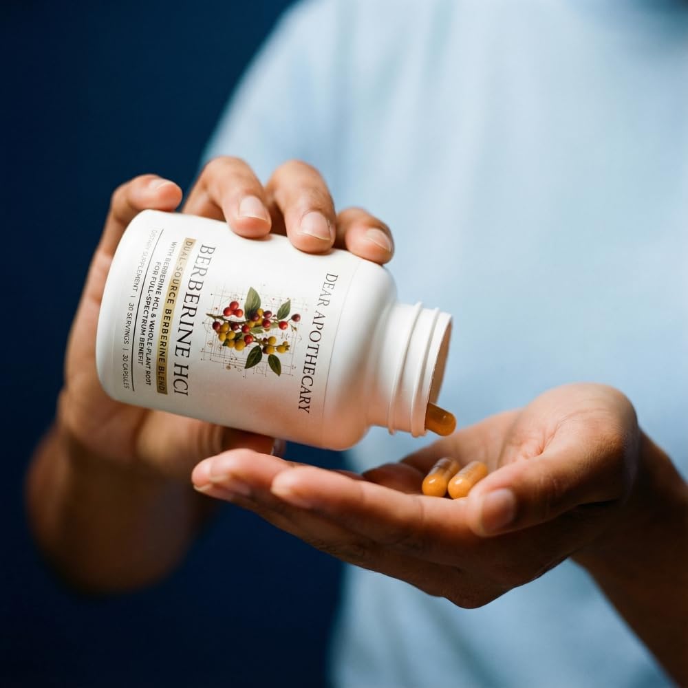 Dear Apothecary Complete Berberine Complex capsules on a wooden table