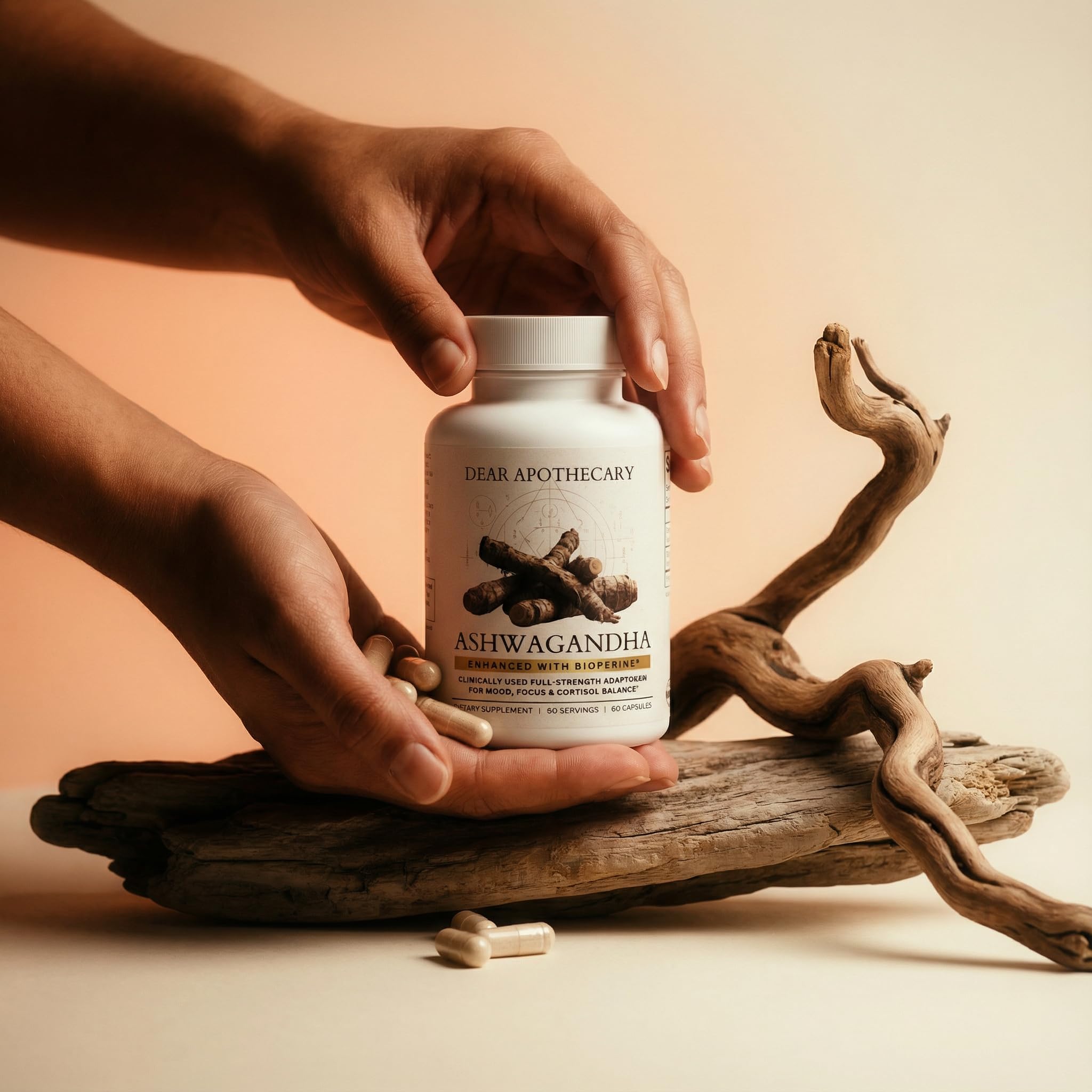 Dear Apothecary Organic Ashwagandha 650mg capsules on wooden surface