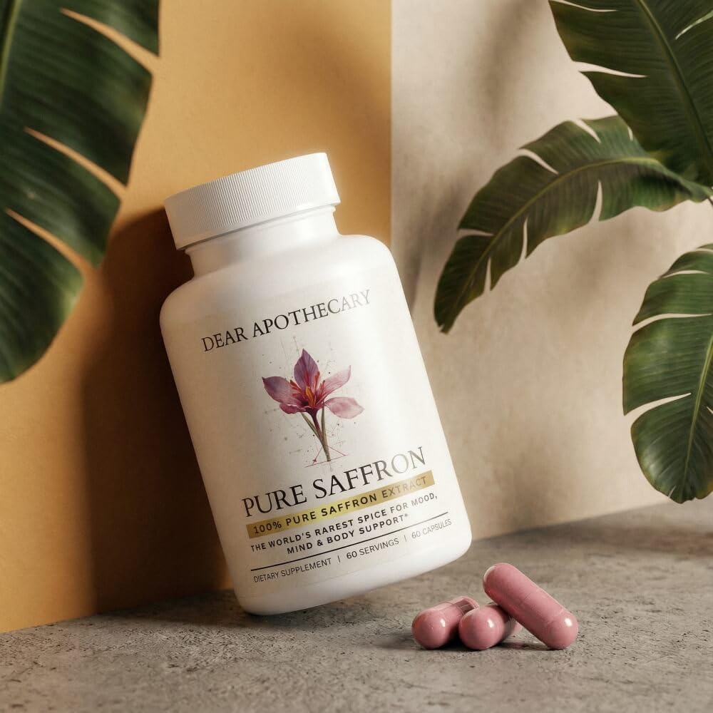 Dear Apothecary Saffron Extract capsules on a wooden surface