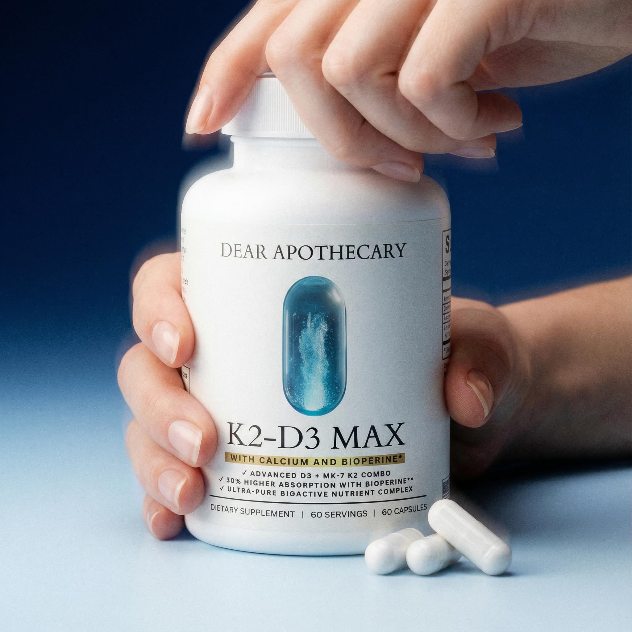 Dear Apothecary Vitamin D3 K2 Calcium BioPerine 60 capsules on a wooden table