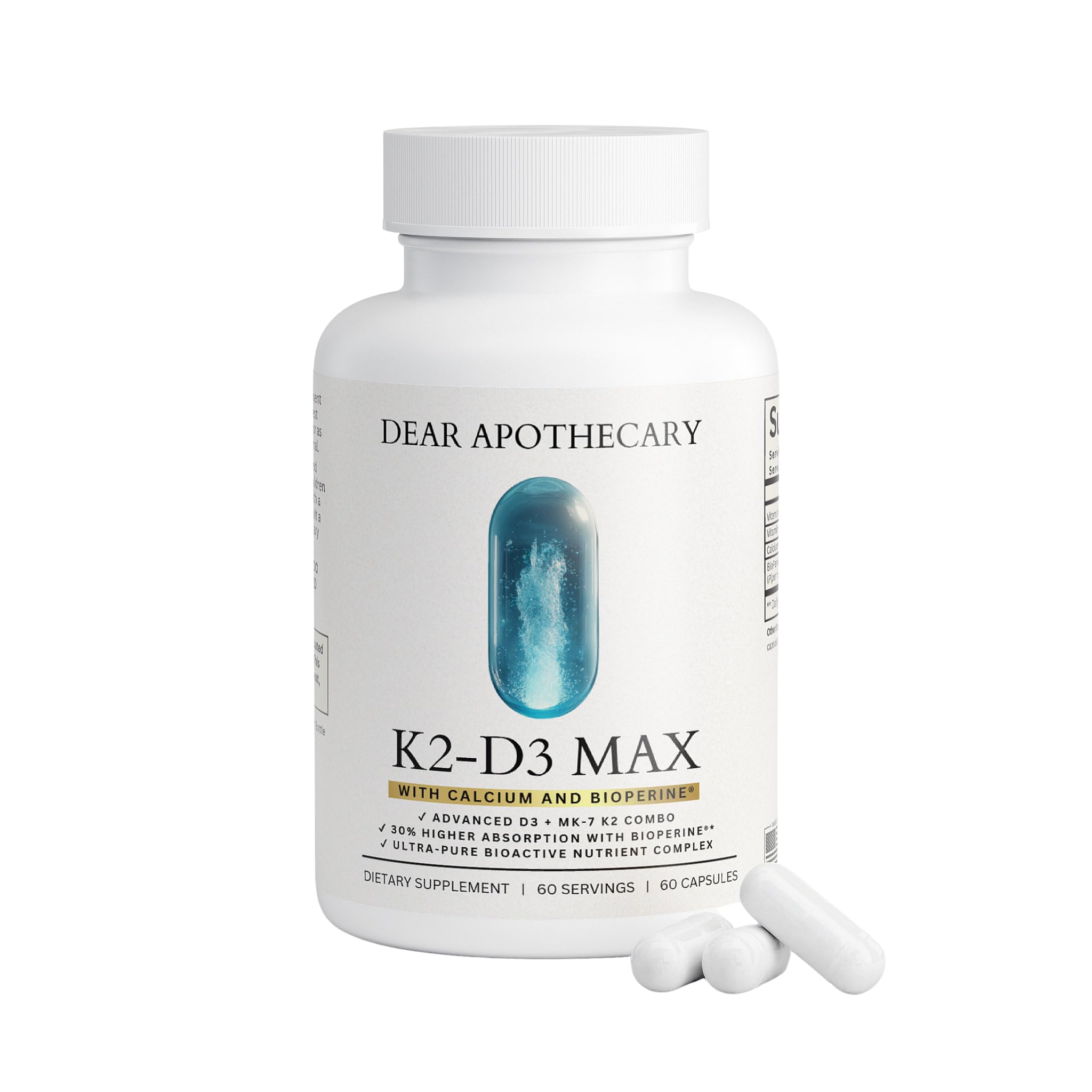 Dear Apothecary Vitamin D3 K2 Calcium BioPerine 60 veggie capsules front view