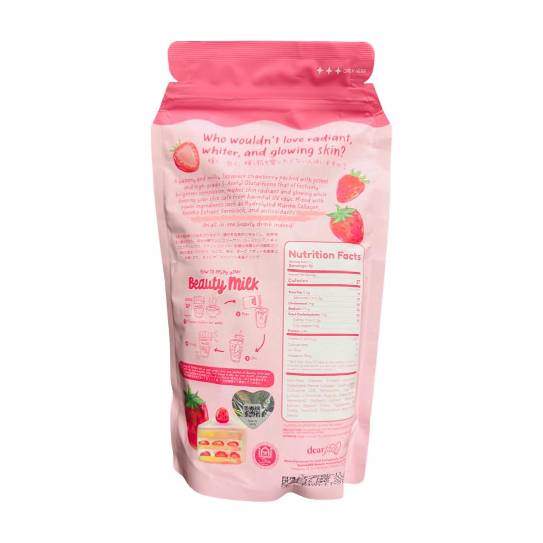 Dear Face Beauty Milk Strawberry Collagen Drink packaging with nutritional information