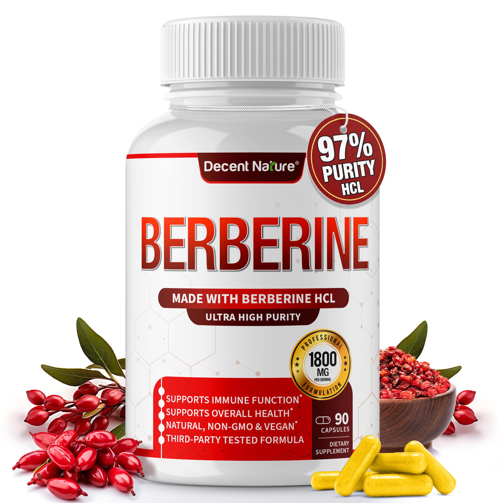 DECENT NATURE Berberine HCL 1800mg capsules front view