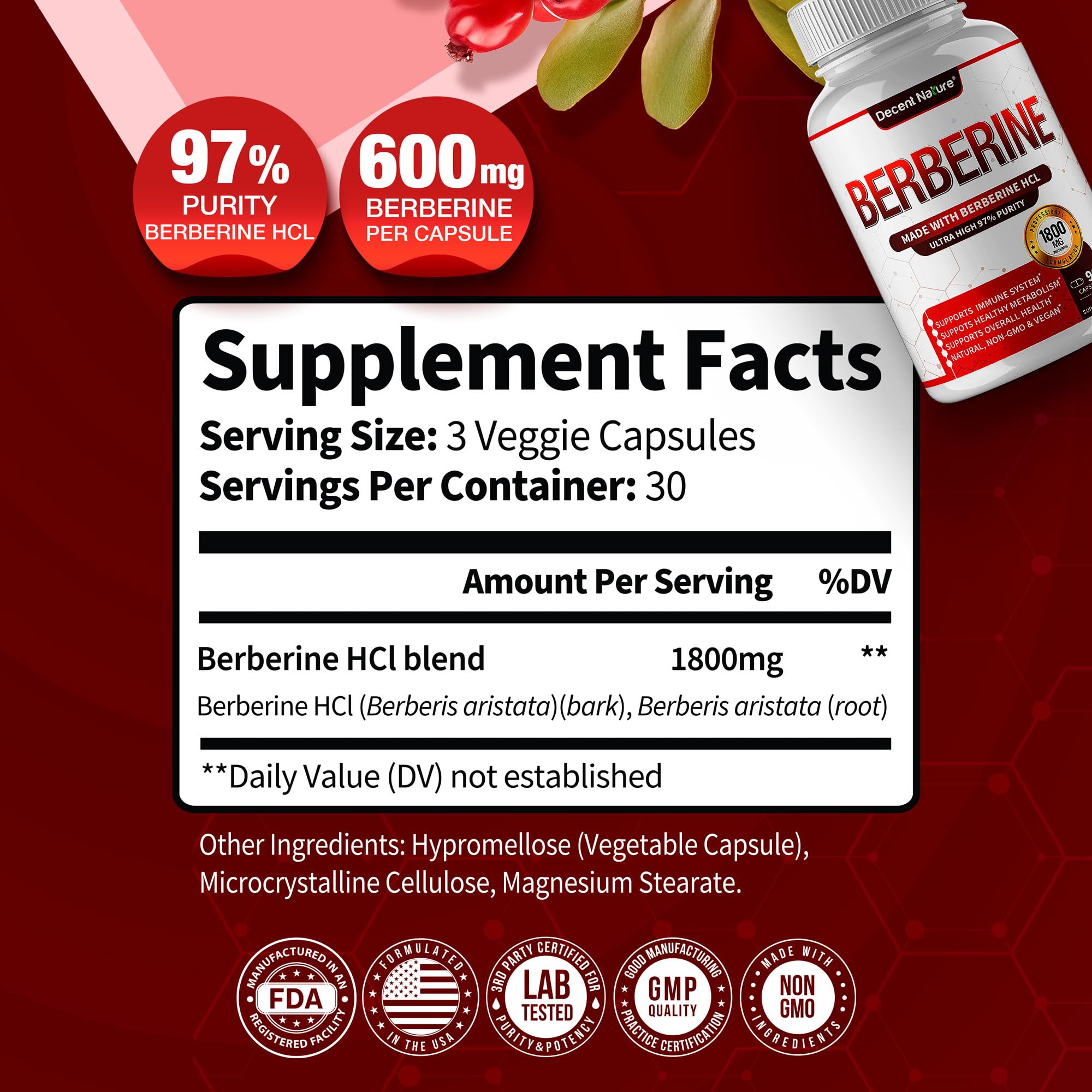 DECENT NATURE Berberine HCL 1800mg capsules side view