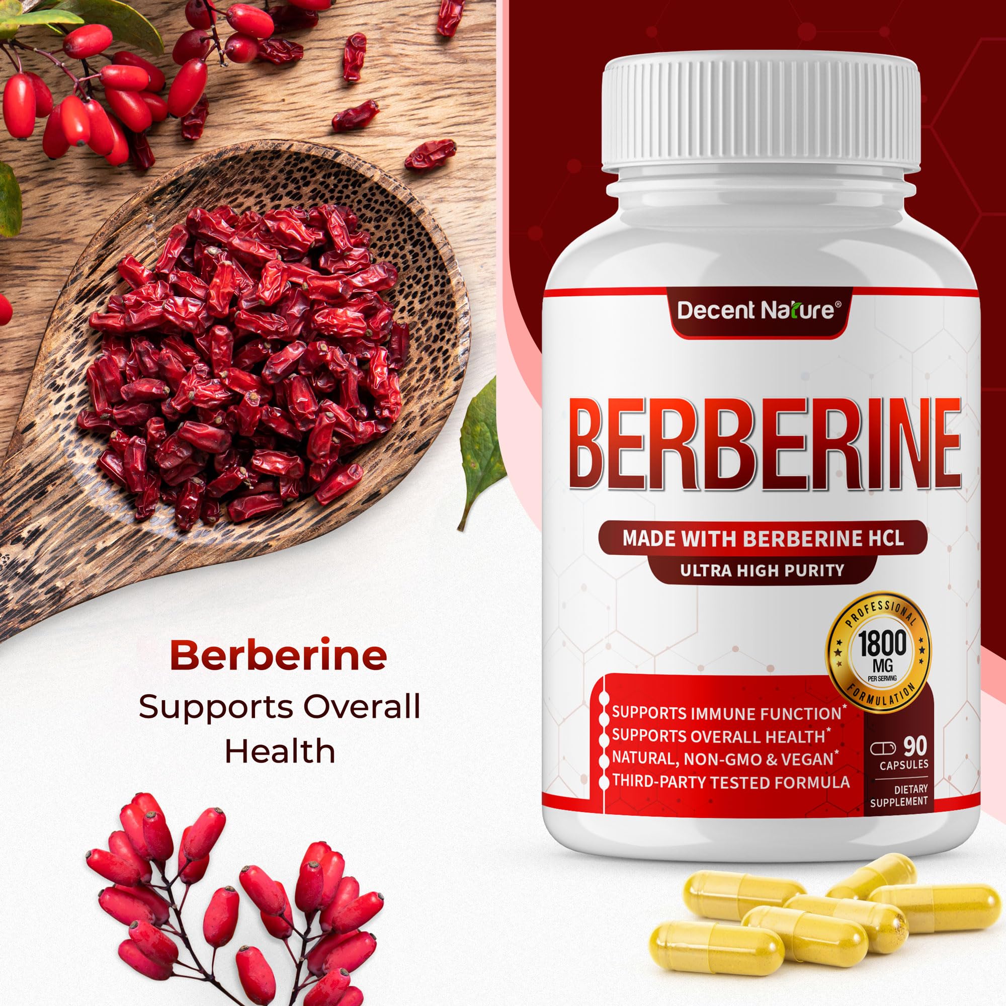 DECENT NATURE Berberine HCL capsules back view