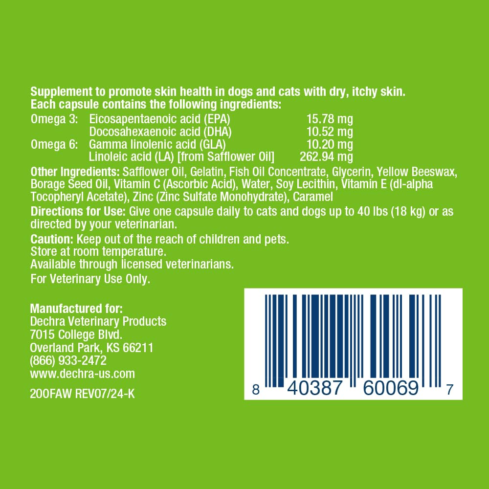 Dechra EicosaCap Omega 3 & 6 Capsules side view showing dosage details