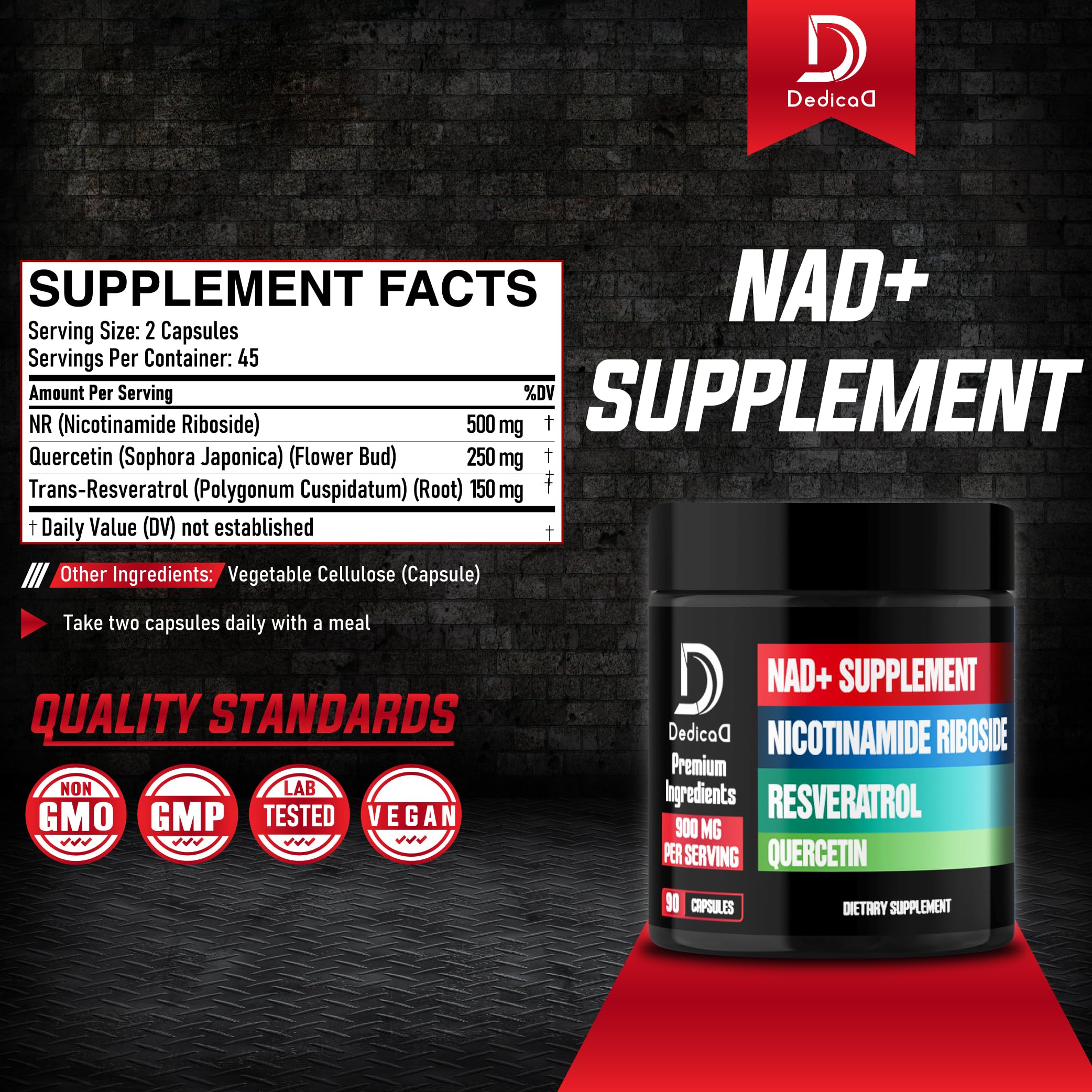 DEDICAD 3in1 NAD Plus Supplement capsules on a table