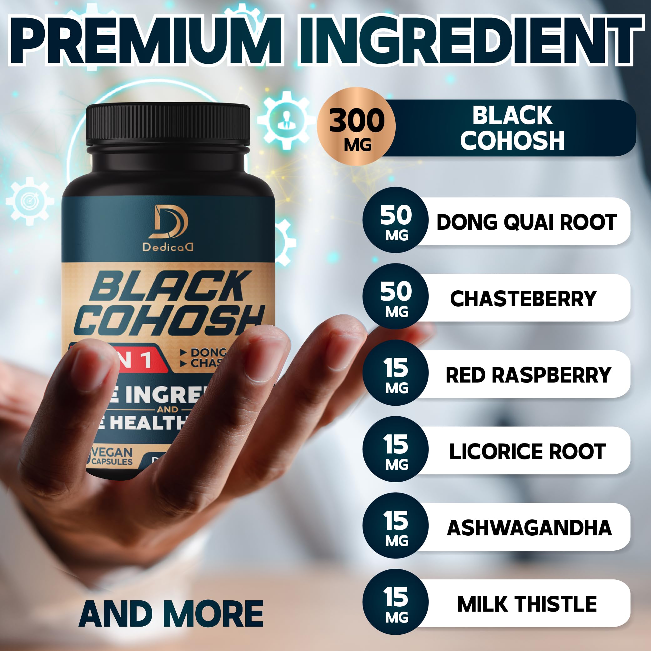 DEDICAD Black Cohosh Supplement bottle side view showing ingredients