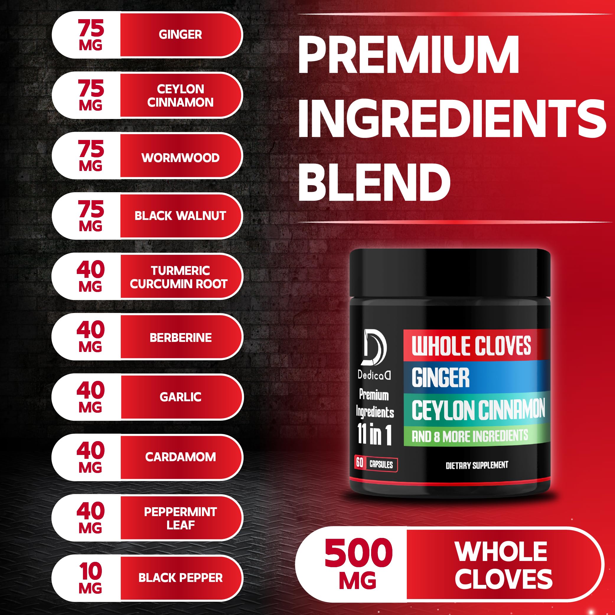 DEDICAD Clove Supplement 11-in-1 bottle side view