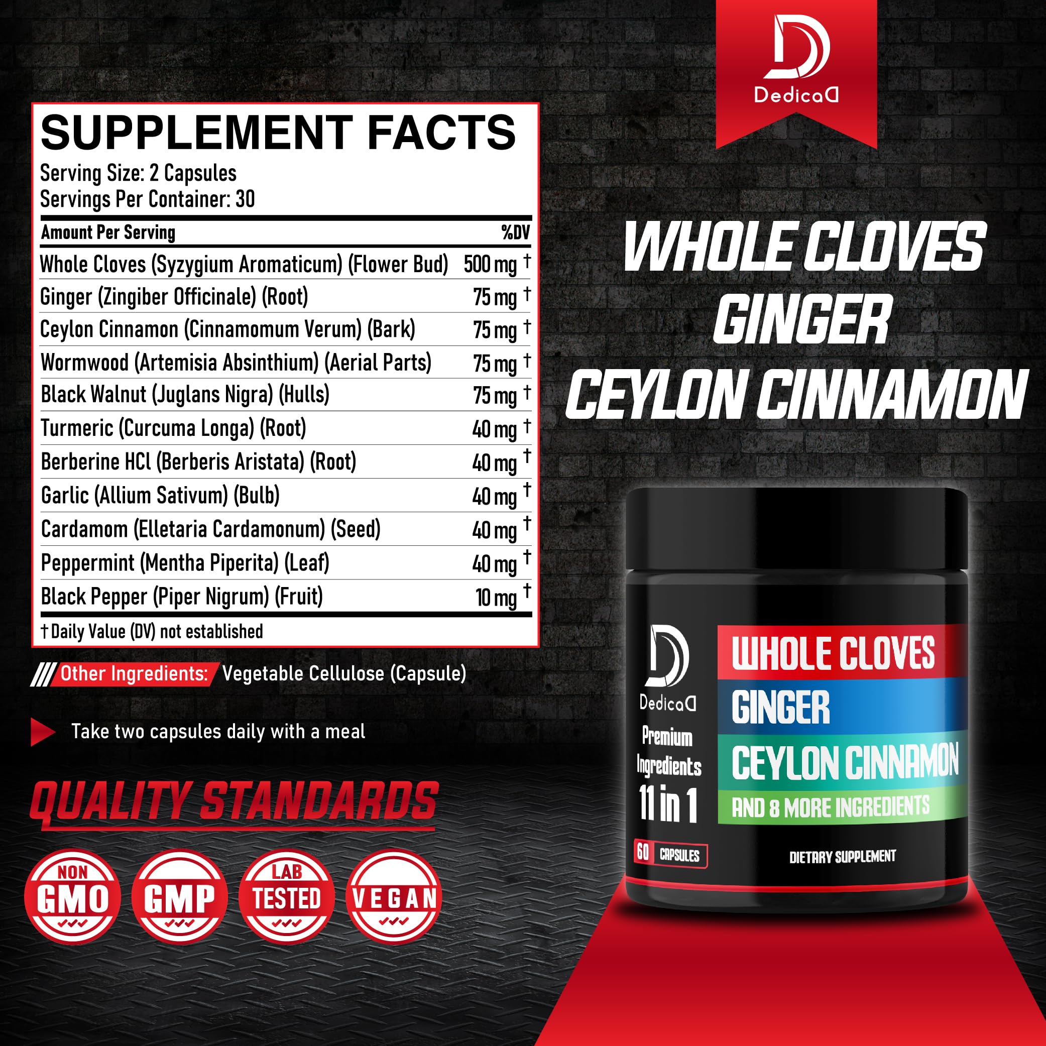 DEDICAD Clove Supplement 11-in-1 capsules close-up