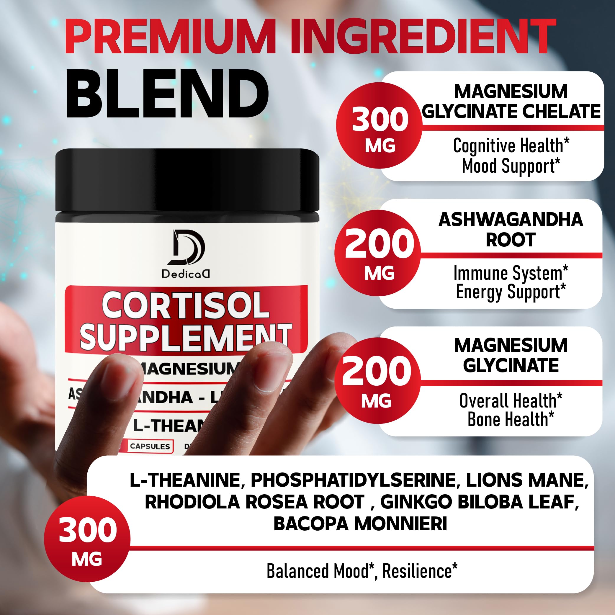 DEDICAD Cortisol Supplement bottle with ingredients list