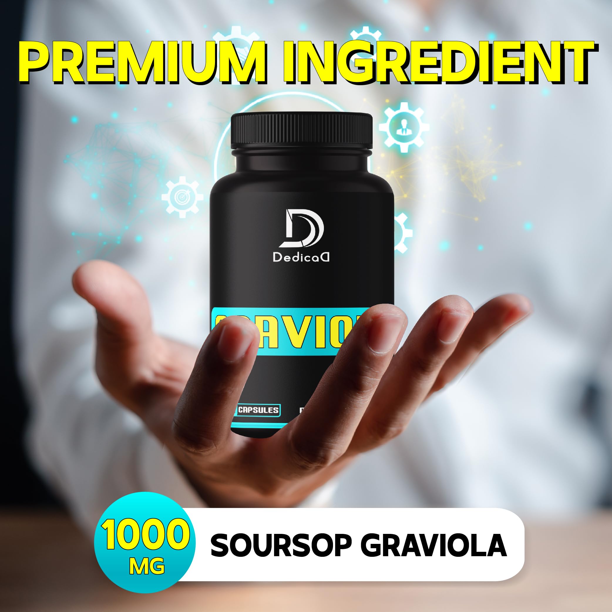 DEDICAD Graviola Powder Supplement capsules on a wooden surface