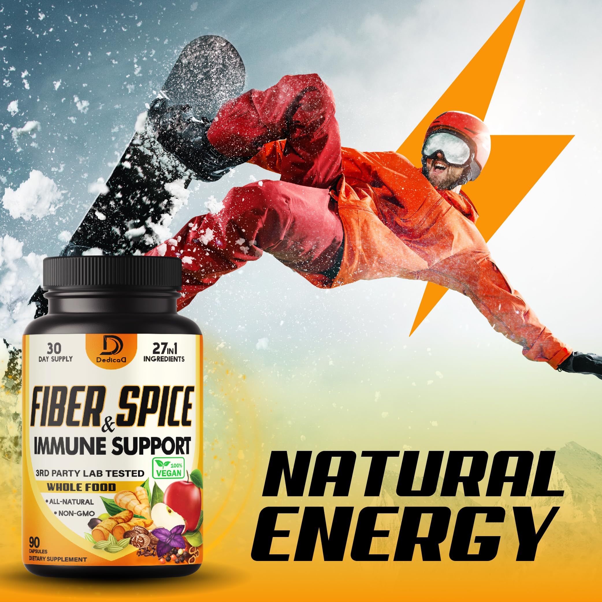 DEDICAD Psyllium Fibre & Spice Supplement Capsules on a wooden table
