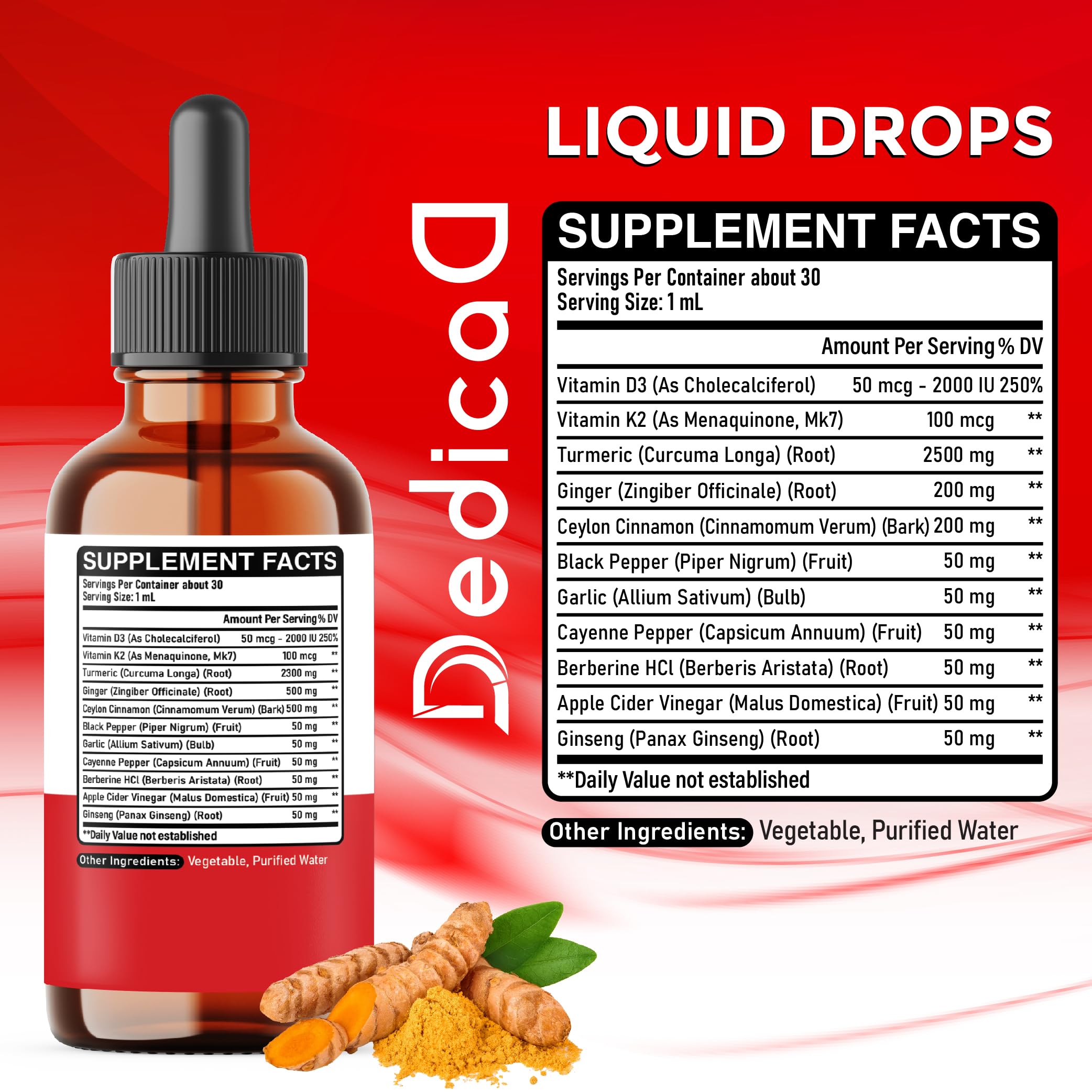 DEDICAD Turmeric Liquid Supplement 11-in-1 bottle side view