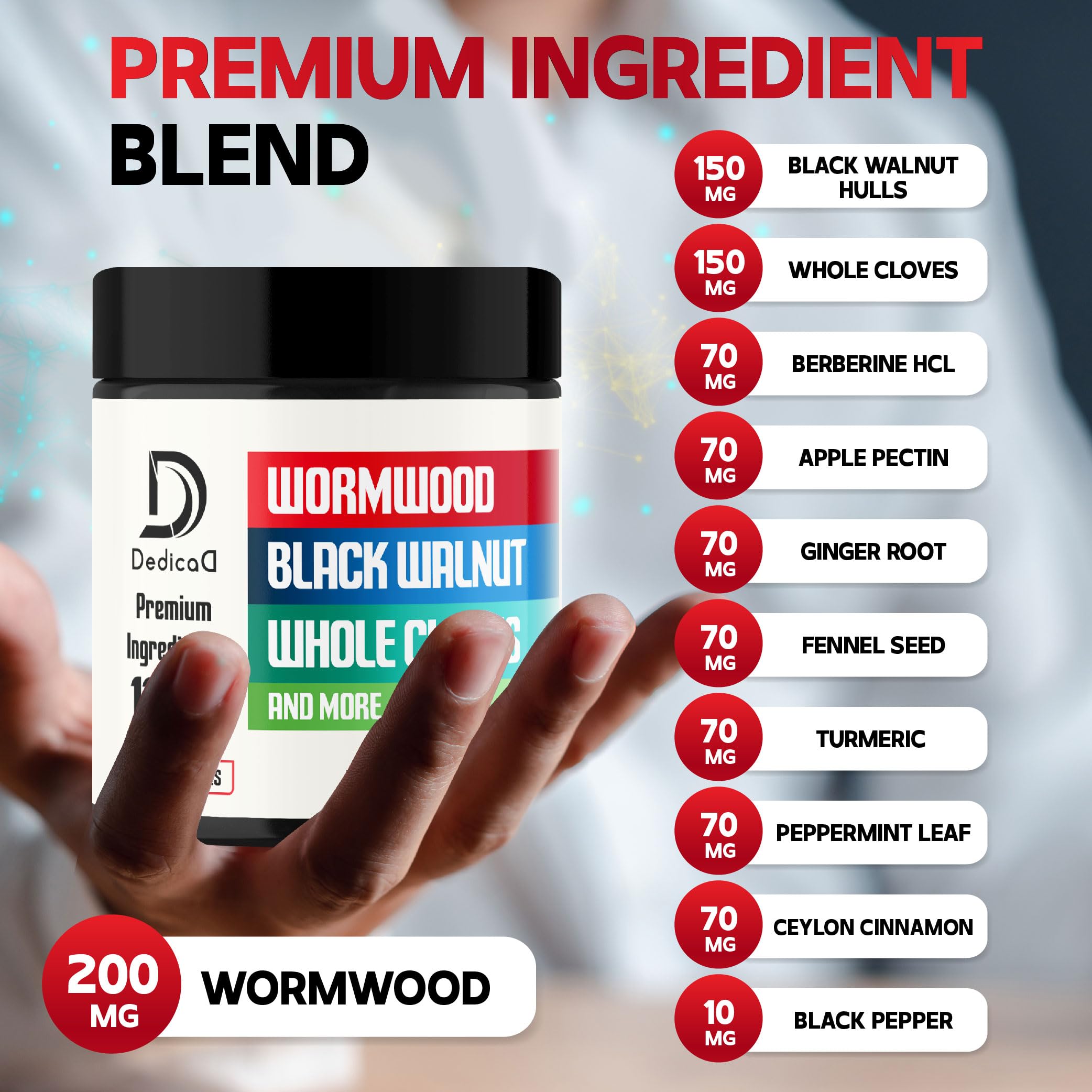 DEDICAD Wormwood Capsules 1000mg side view showing capsule count