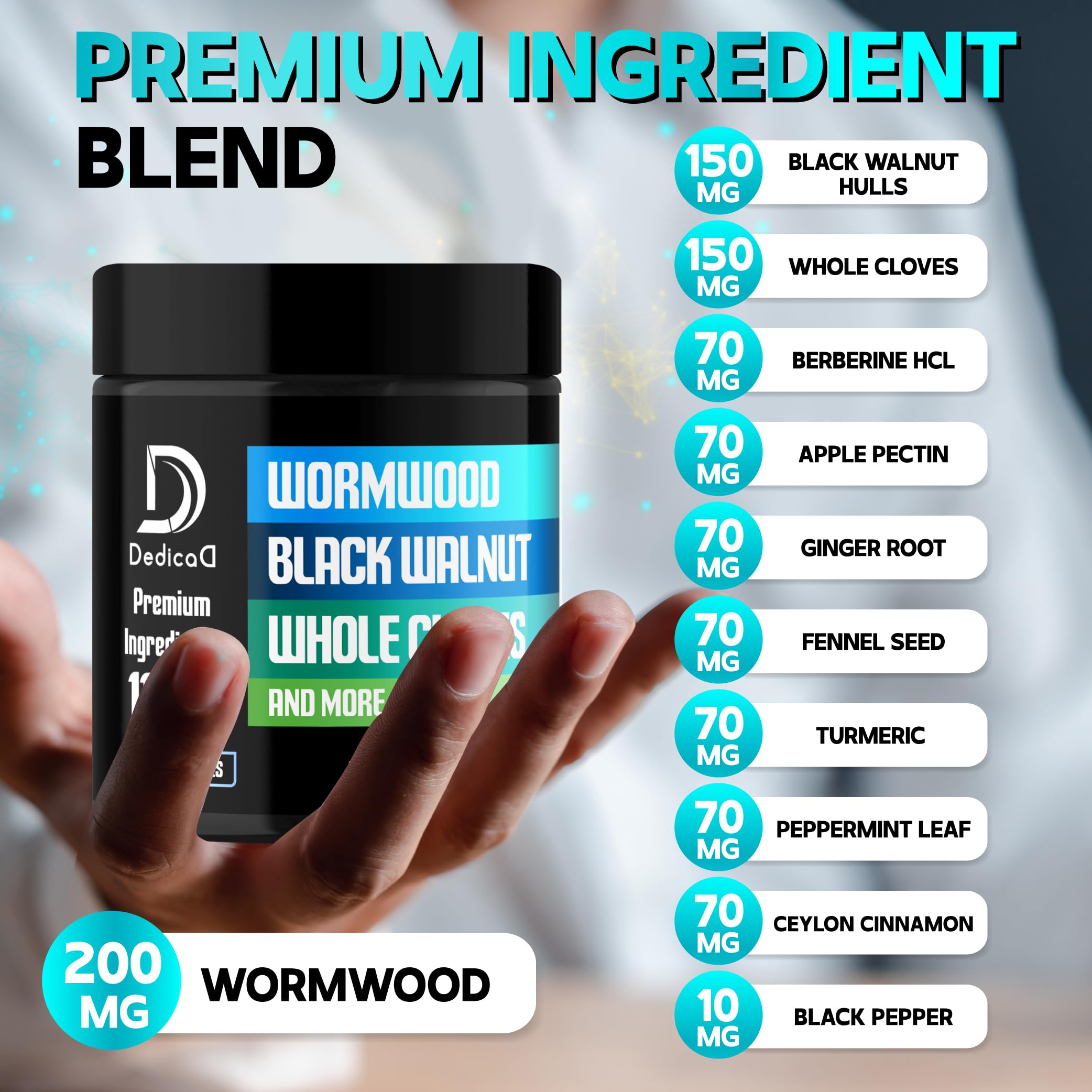 DEDICAD Wormwood Capsules 180 veggie pills side view