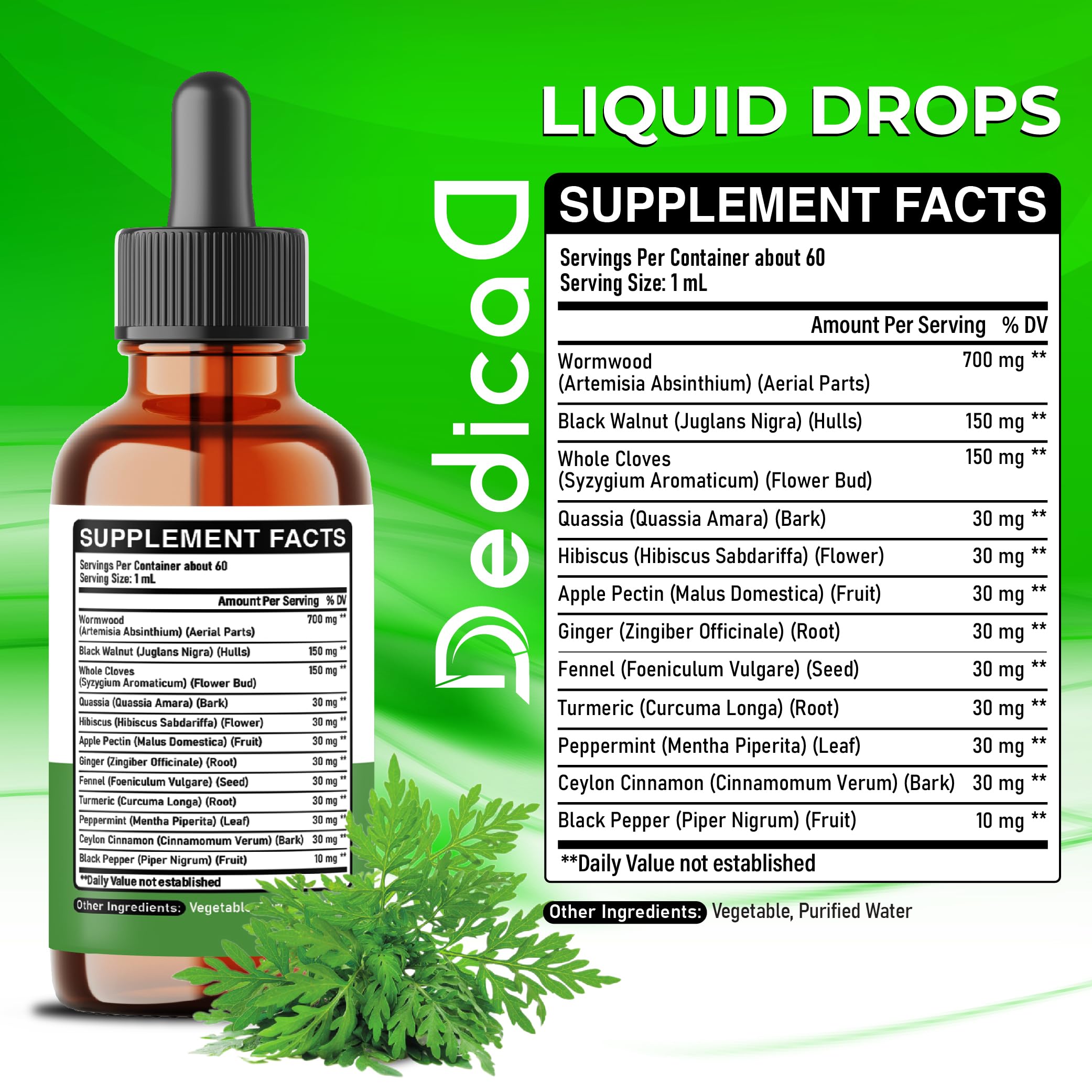 DEDICAD Wormwood Liquid Drops 1250mg 60ml bottle with dropper