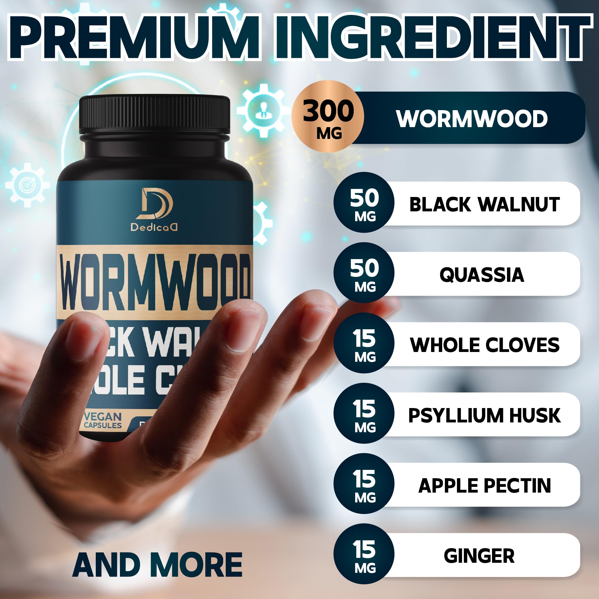 DEDICAD Wormwood Supplement capsules on a wooden table