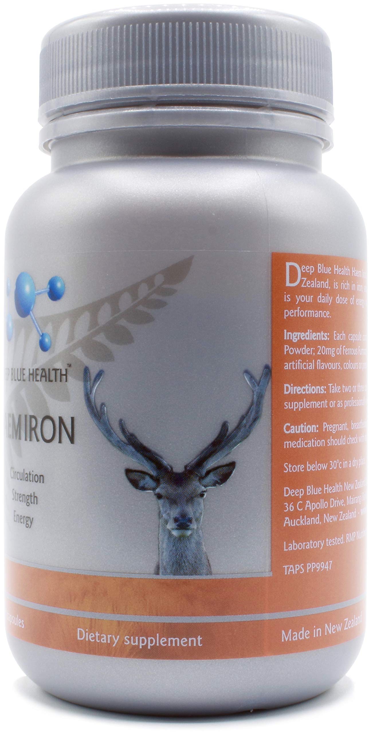 Deep Blue Health Haem Iron Supplement on a wooden table