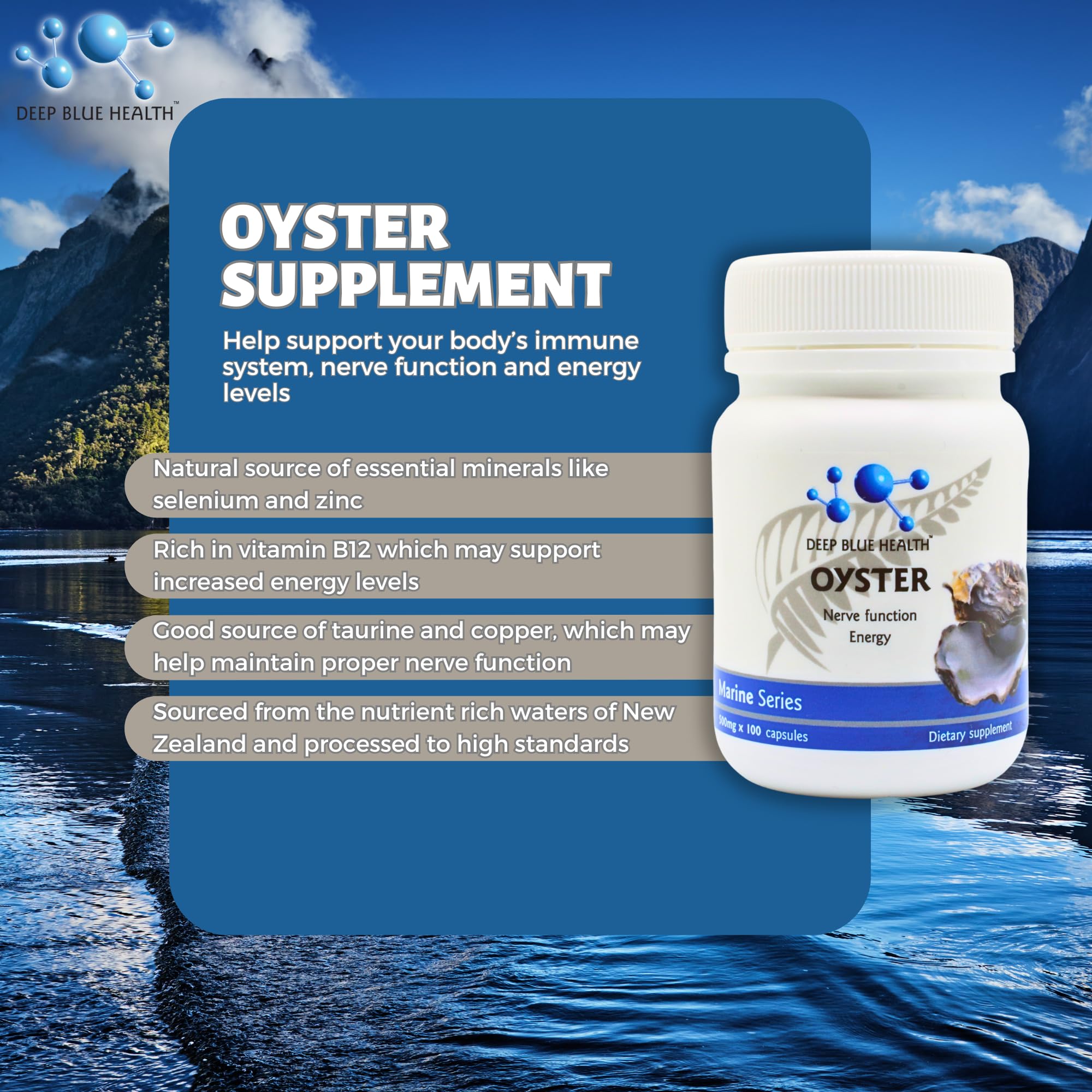 Deep Blue Health Oyster Capsules 300mg bottle side view