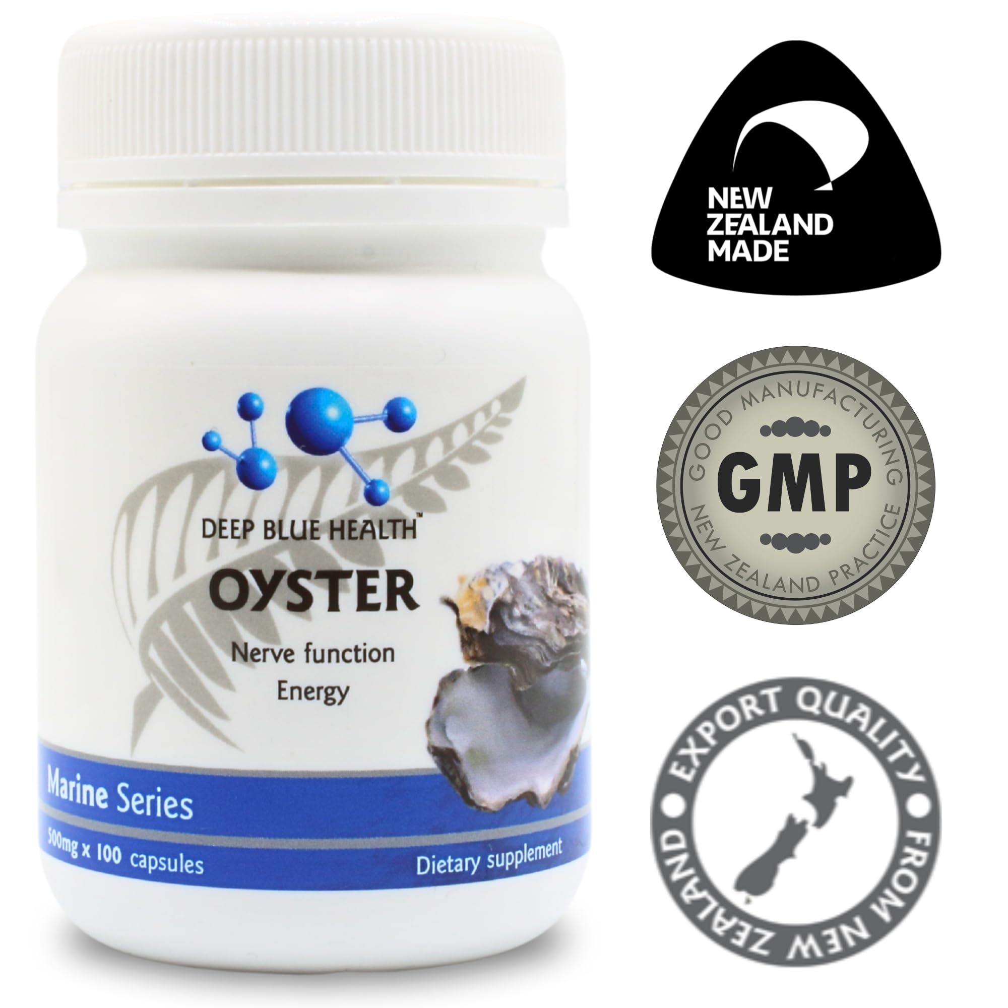 Deep Blue Health Oyster Capsules 300mg on a wooden table