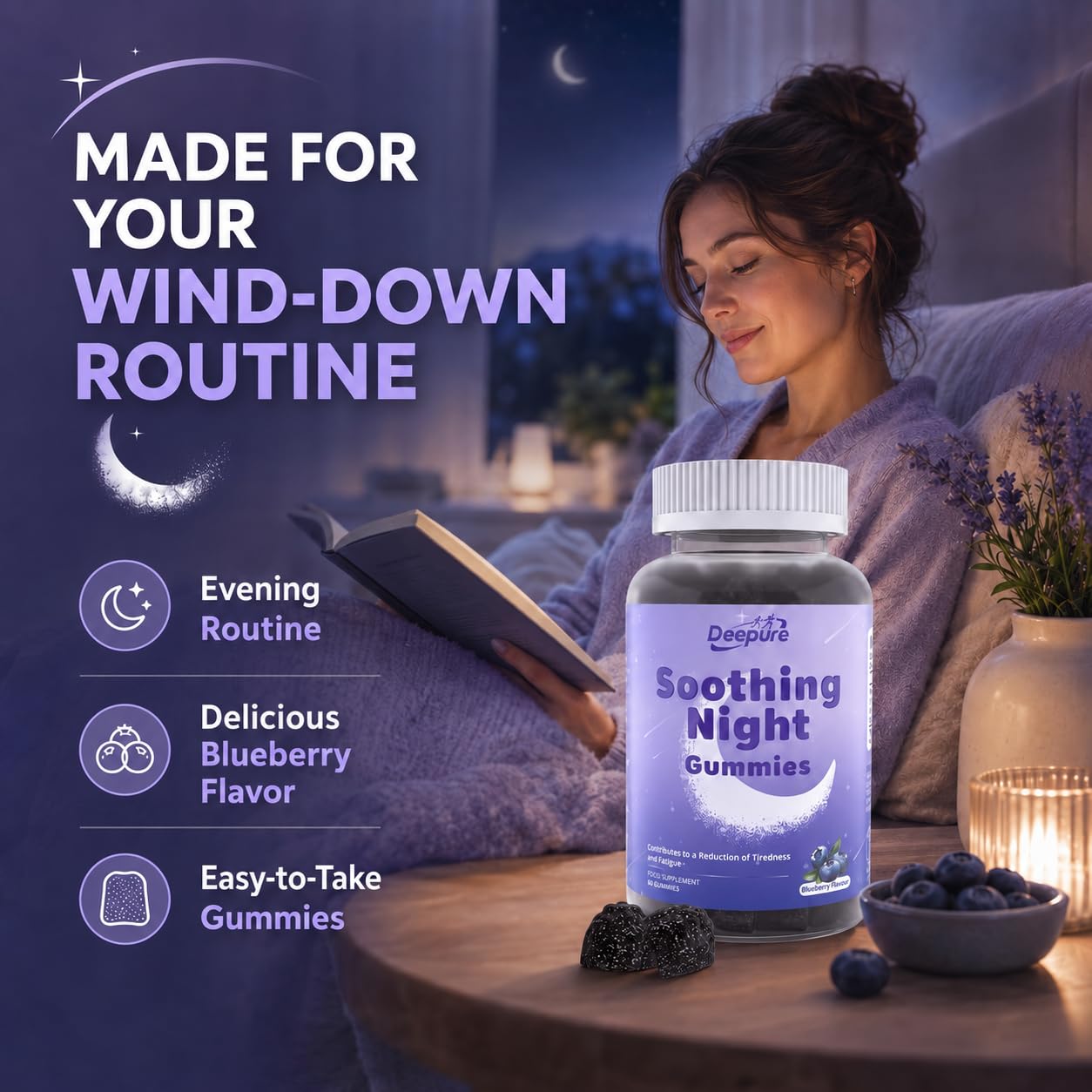 Deepure Sleep Gummies on a wooden table
