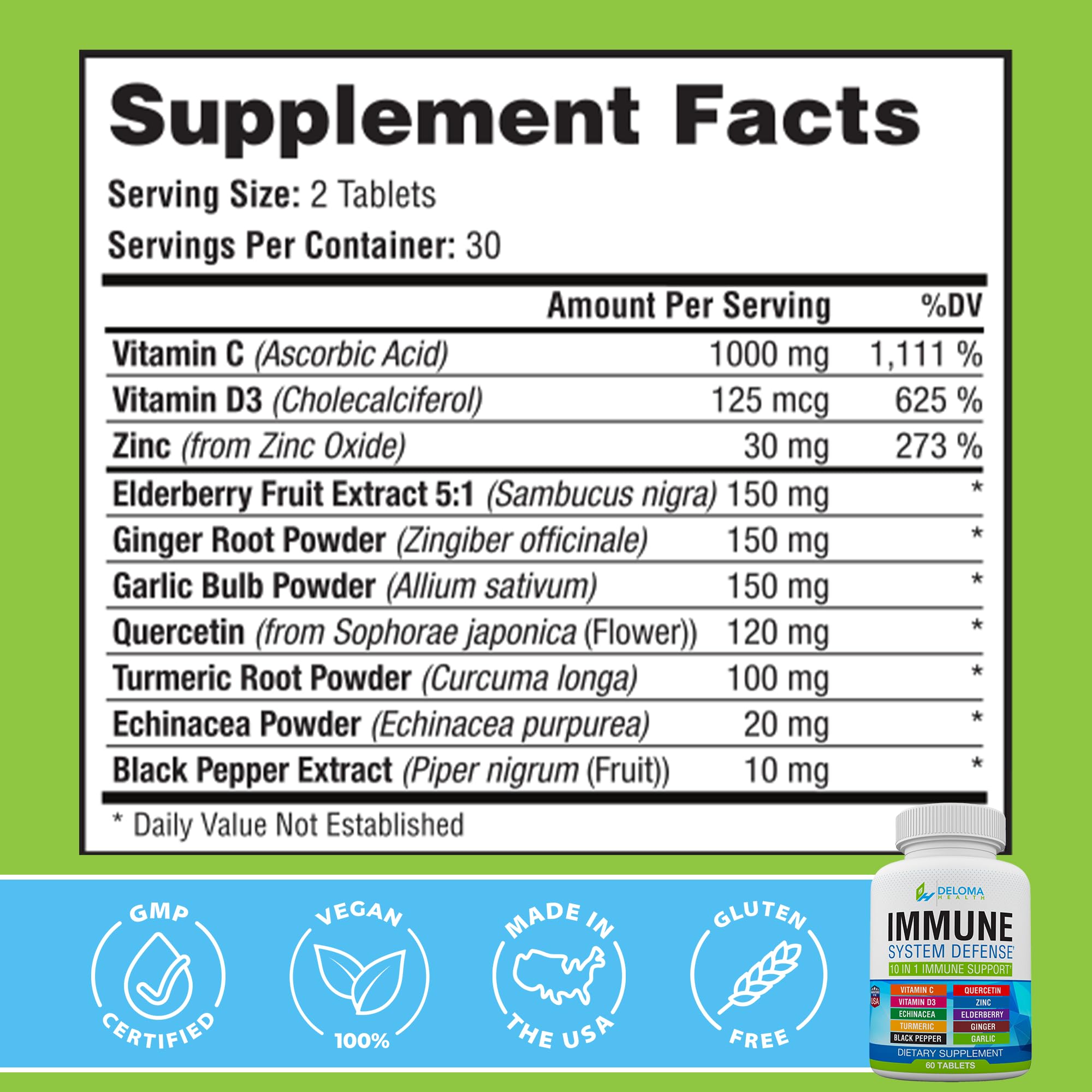 Deloma Health Elderberry Supplement back view with nutritional information