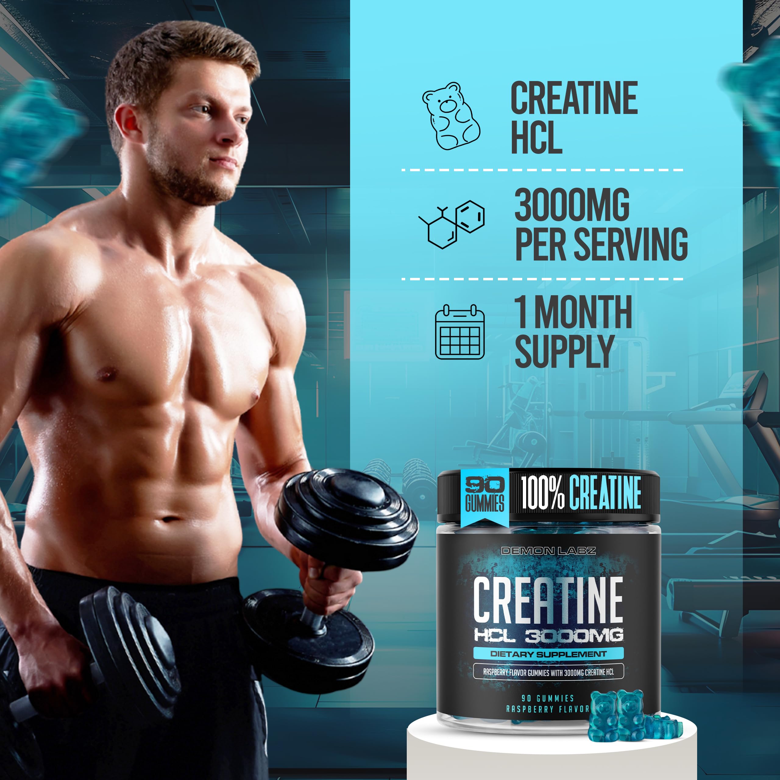 Demon Labz Creatine Gummy Bears packaging with 90 gummies