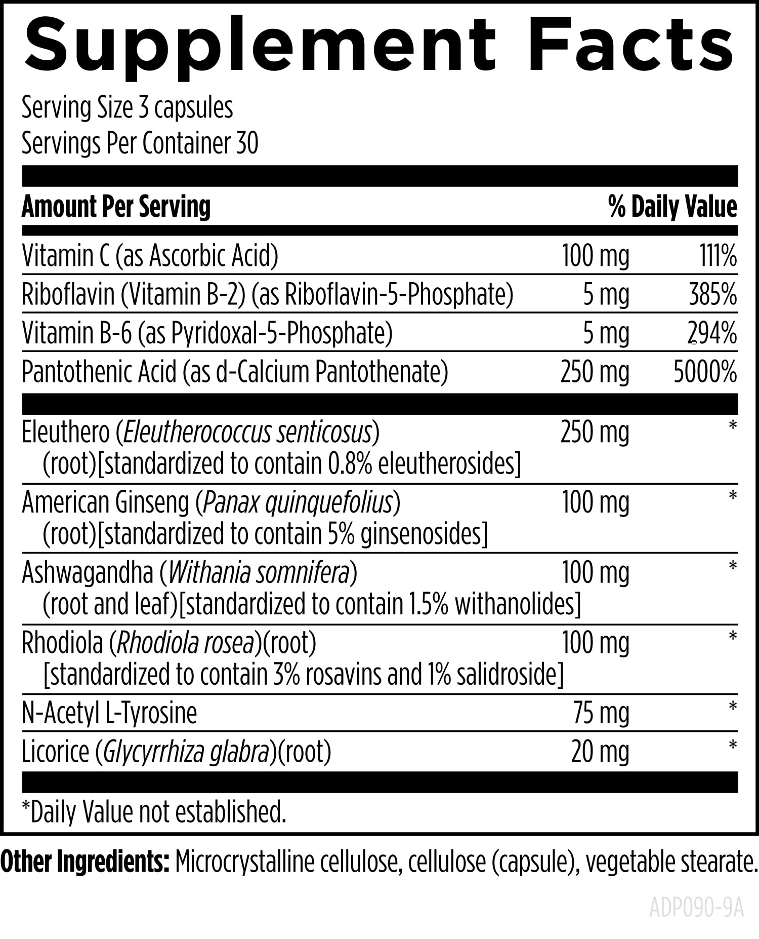 Designs for Health Adrenotone back view with supplement facts