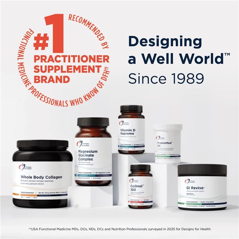 Designs for Health CoQ10 Ubiquinone Softgels displayed with other supplements
