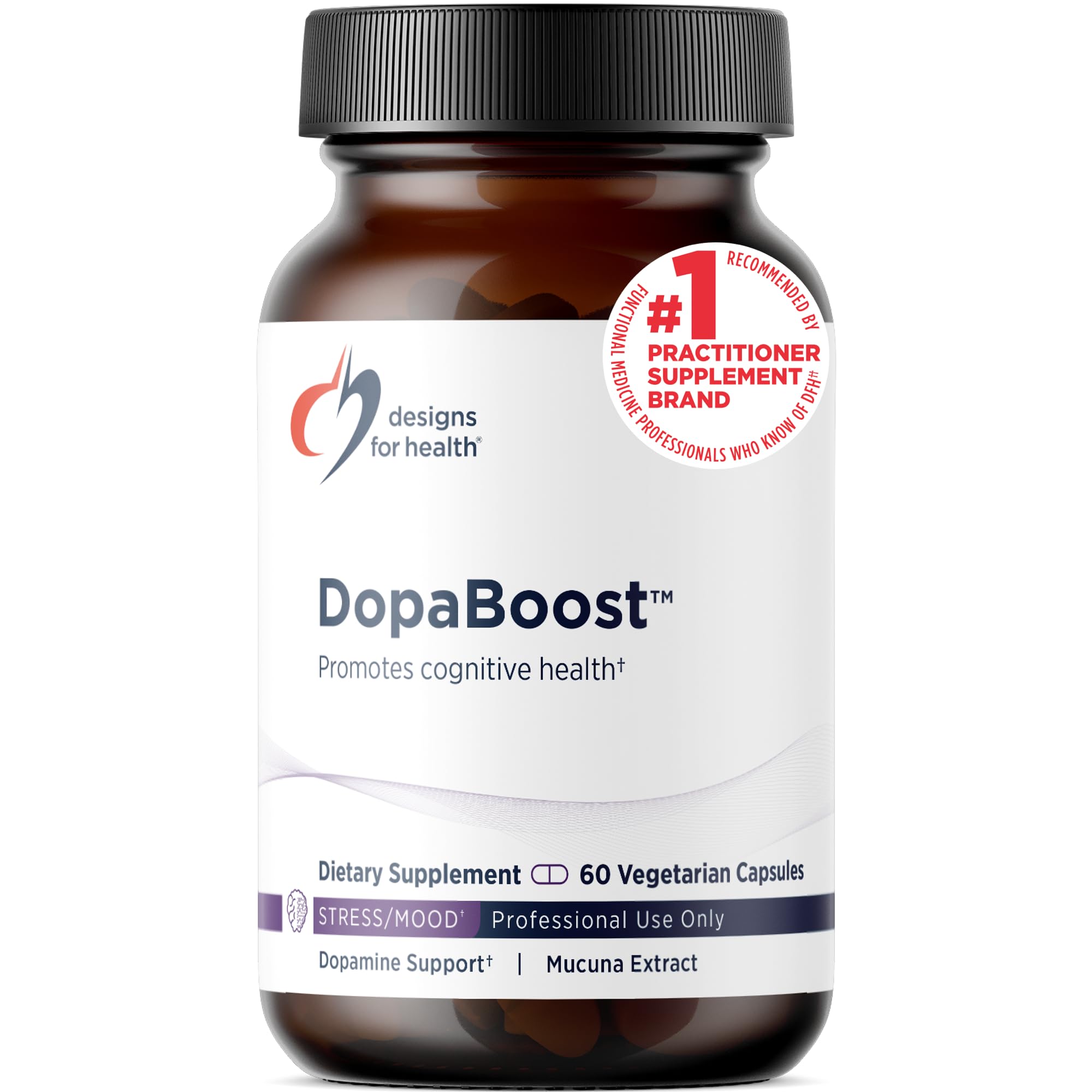 Designs for Health DopaBoost supplement front view with capsule bottle